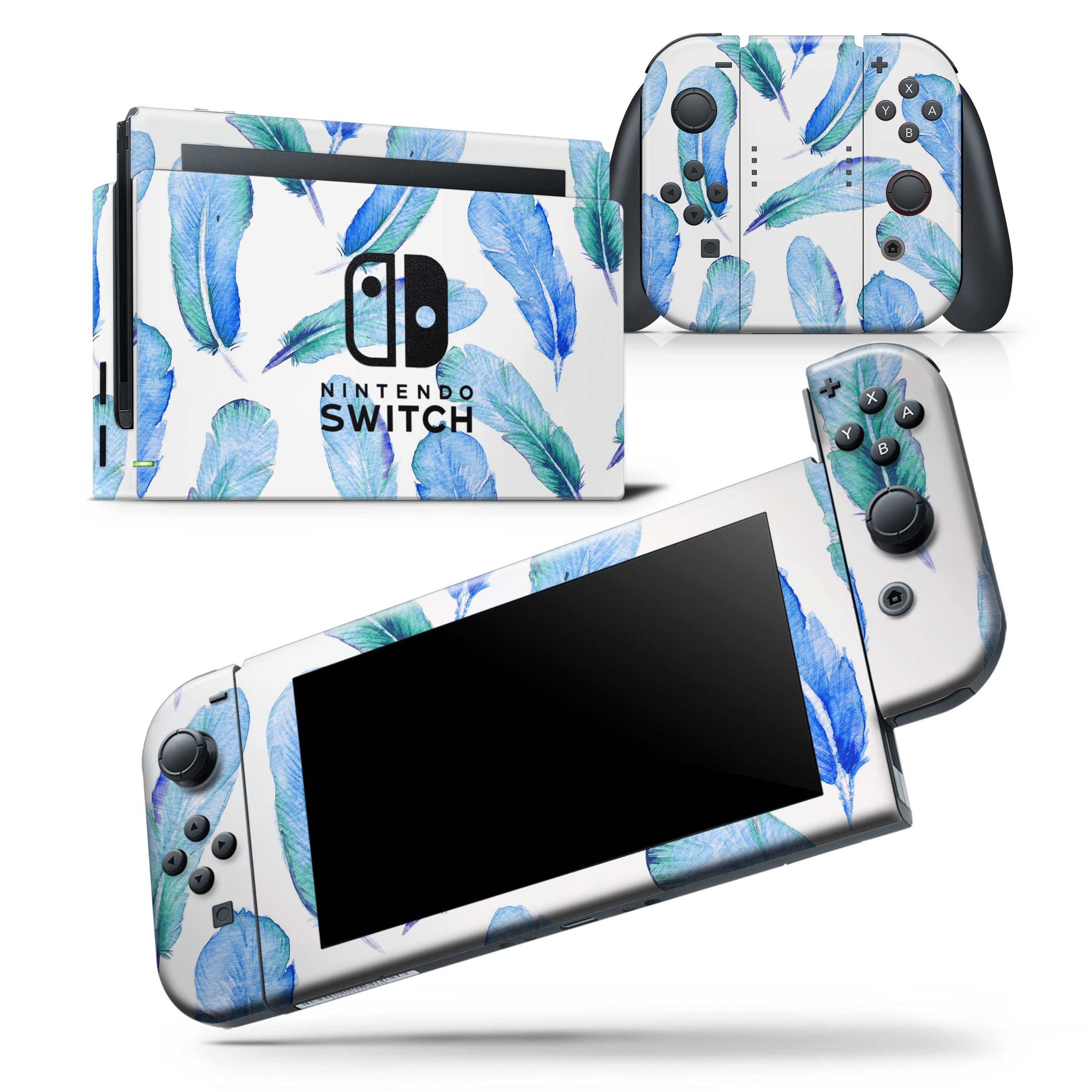 Blue Watercolor Feather Pattern Skin Wrap Decal for Nintendo Switch, showcasing vibrant colors and intricate feather design.