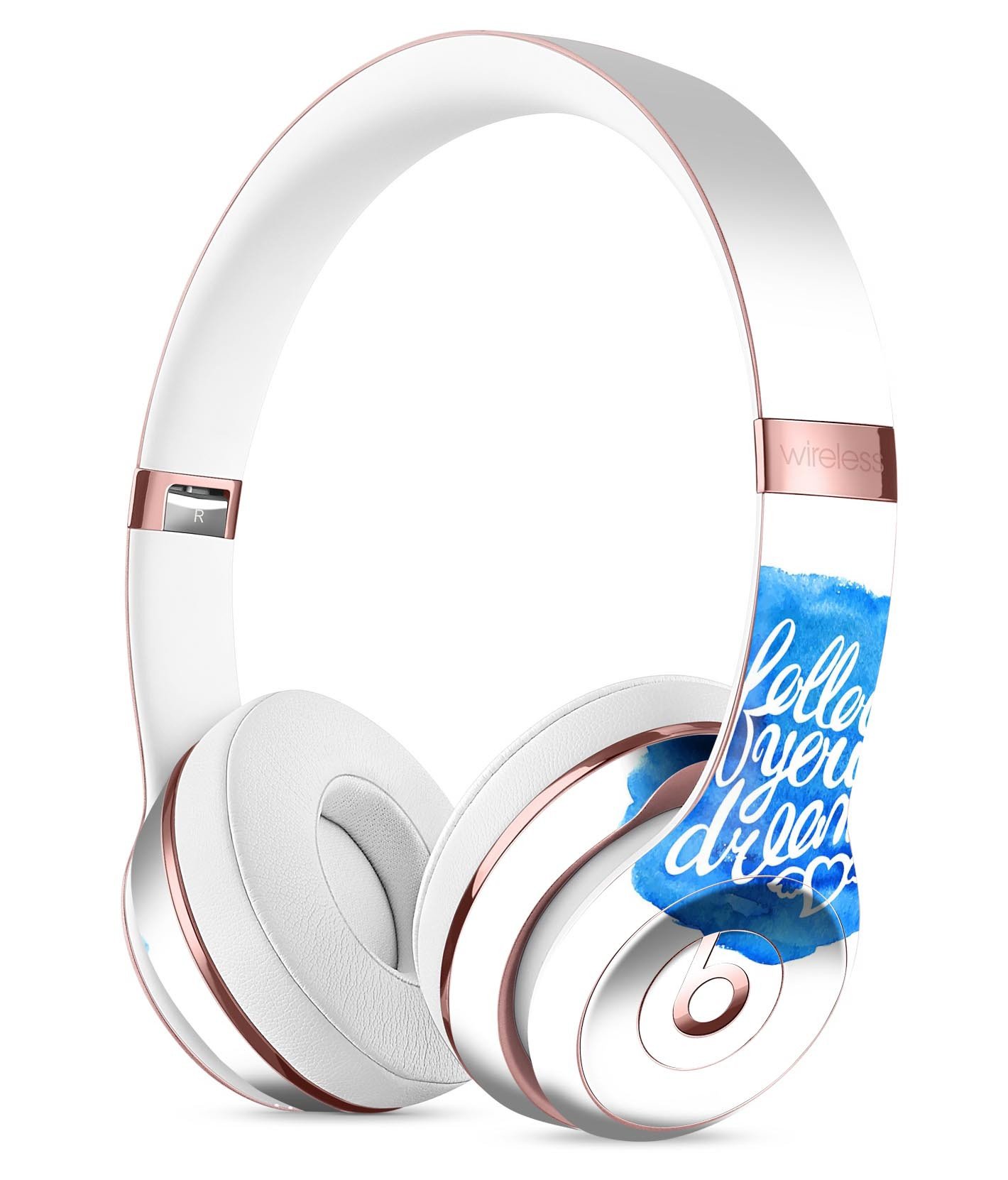 Blue WaterColor Follow Your Dreams Full-Body Skin Kit for Beats by Dre Solo 3 Wireless Headphones, showcasing vibrant colors and artistic design.