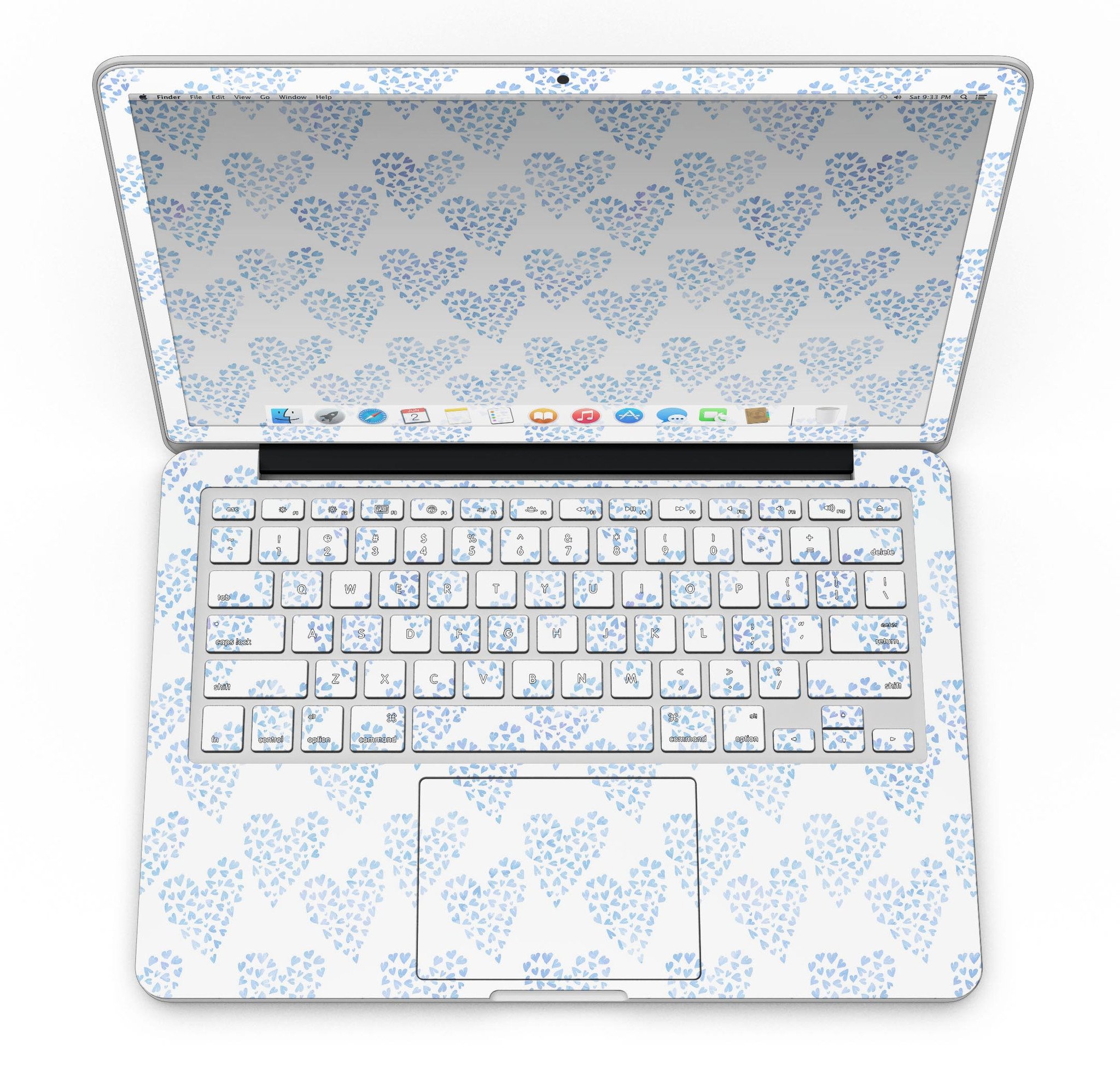 Blue Watercolor Hearts Pattern skin for MacBook Pro with Retina Display, showcasing vibrant heart designs on a sleek vinyl surface.