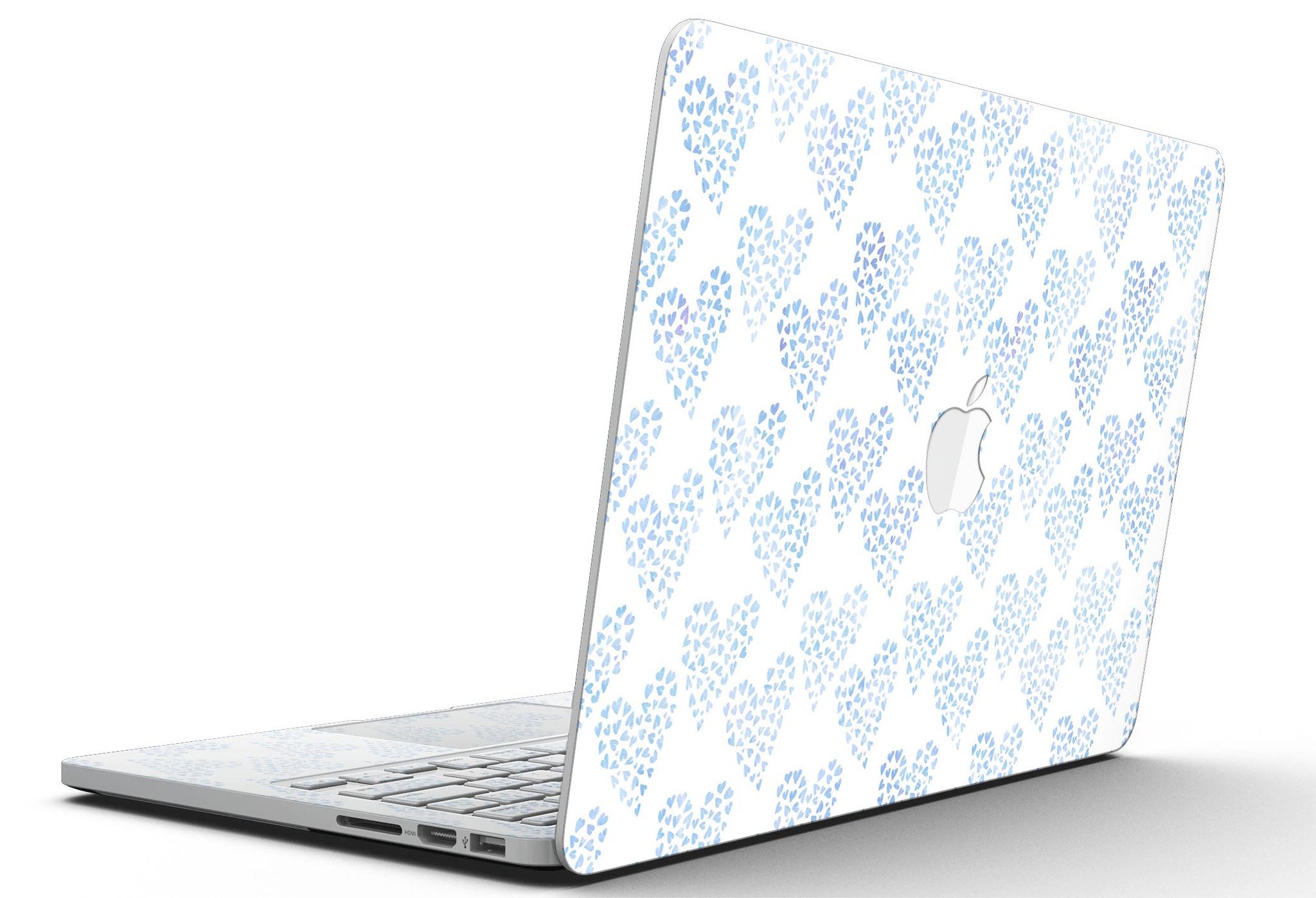 Blue Watercolor Hearts Pattern skin for MacBook Pro with Retina Display, showcasing vibrant heart designs on a sleek vinyl surface.