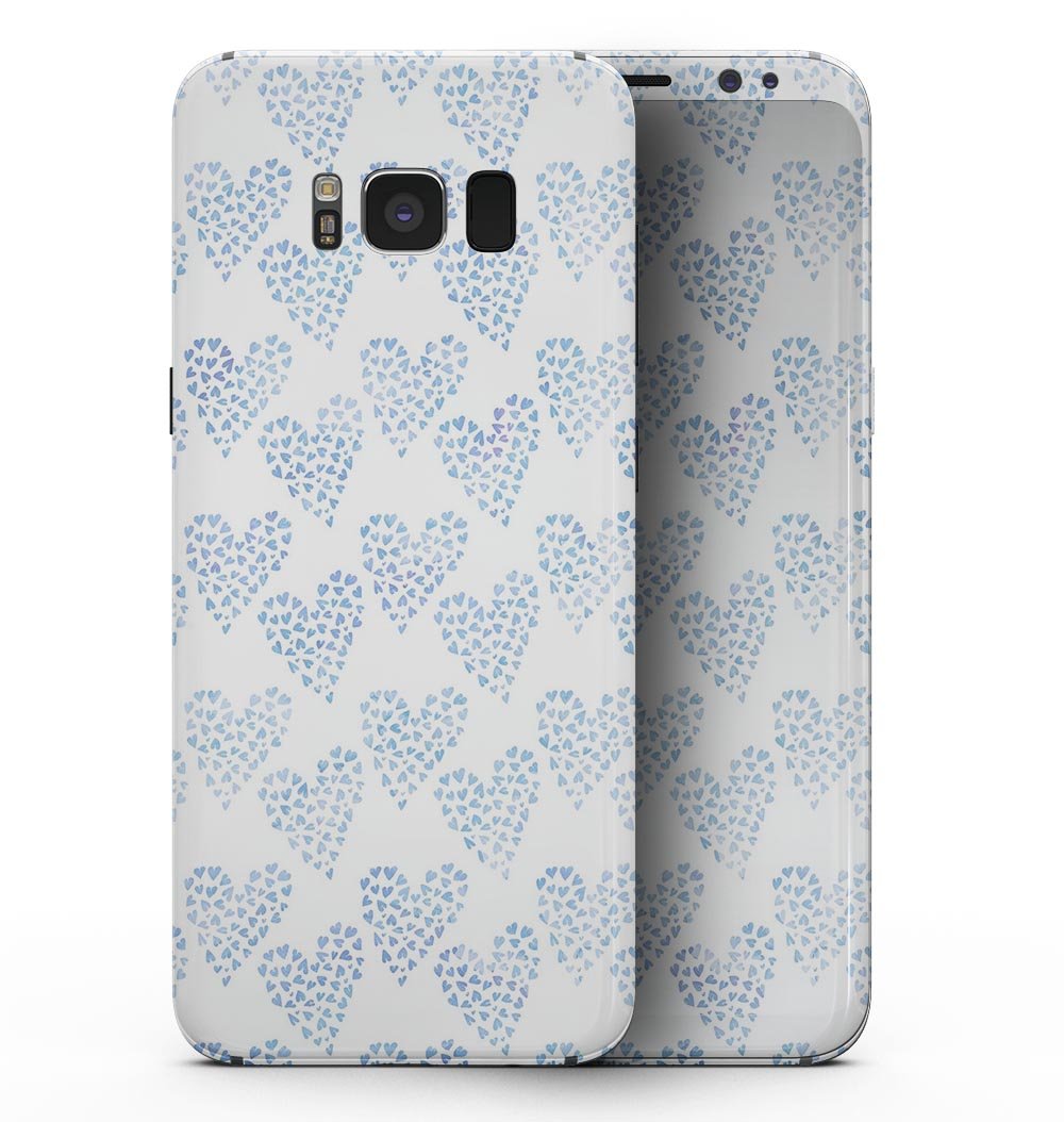 Samsung Galaxy S8 with Blue Watercolor Hearts Pattern skin, showcasing vibrant colors and a sleek design.