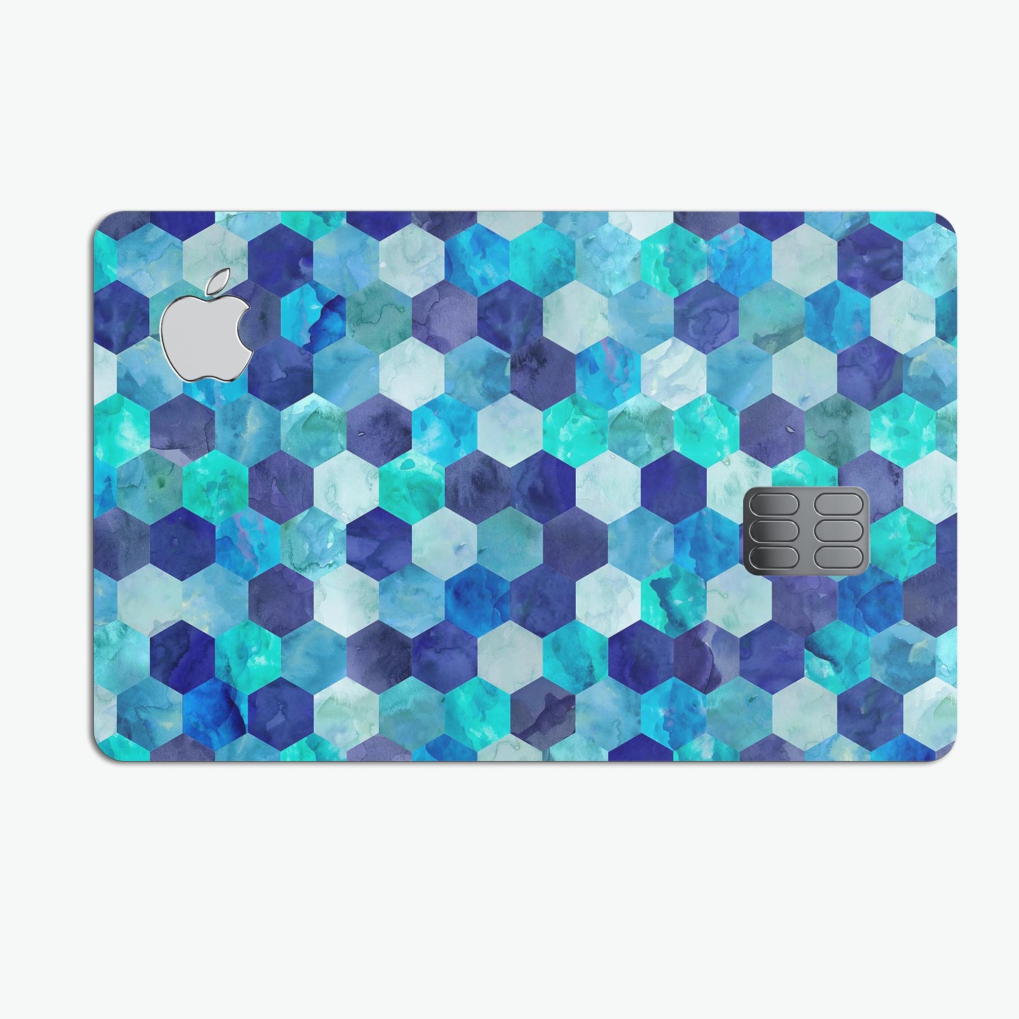 Blue Watercolor Hexagon Pattern skin decal for Apple Card, showcasing vibrant colors and a stylish design.