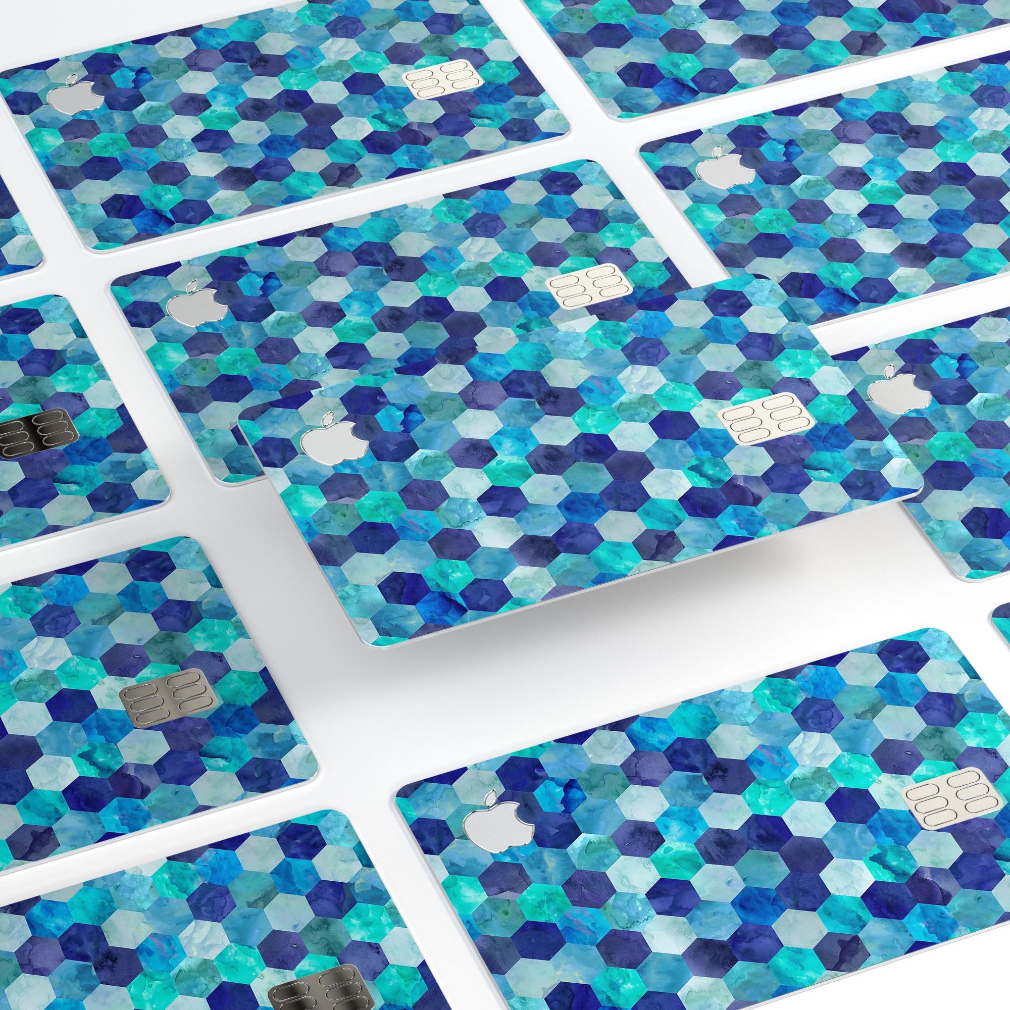Blue Watercolor Hexagon Pattern skin decal for Apple Card, showcasing vibrant colors and a stylish design.