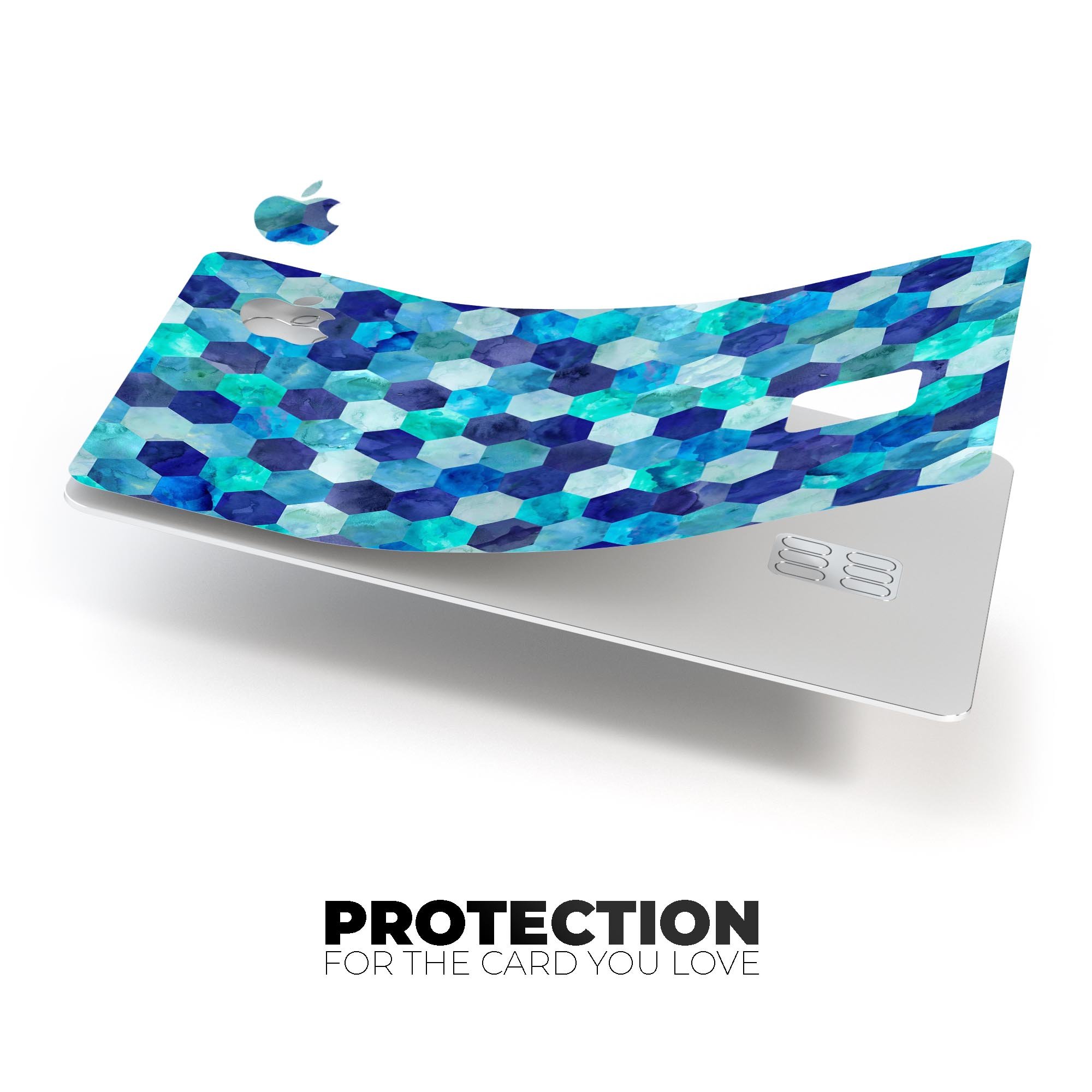 Blue Watercolor Hexagon Pattern skin decal for Apple Card, showcasing vibrant colors and a stylish design.