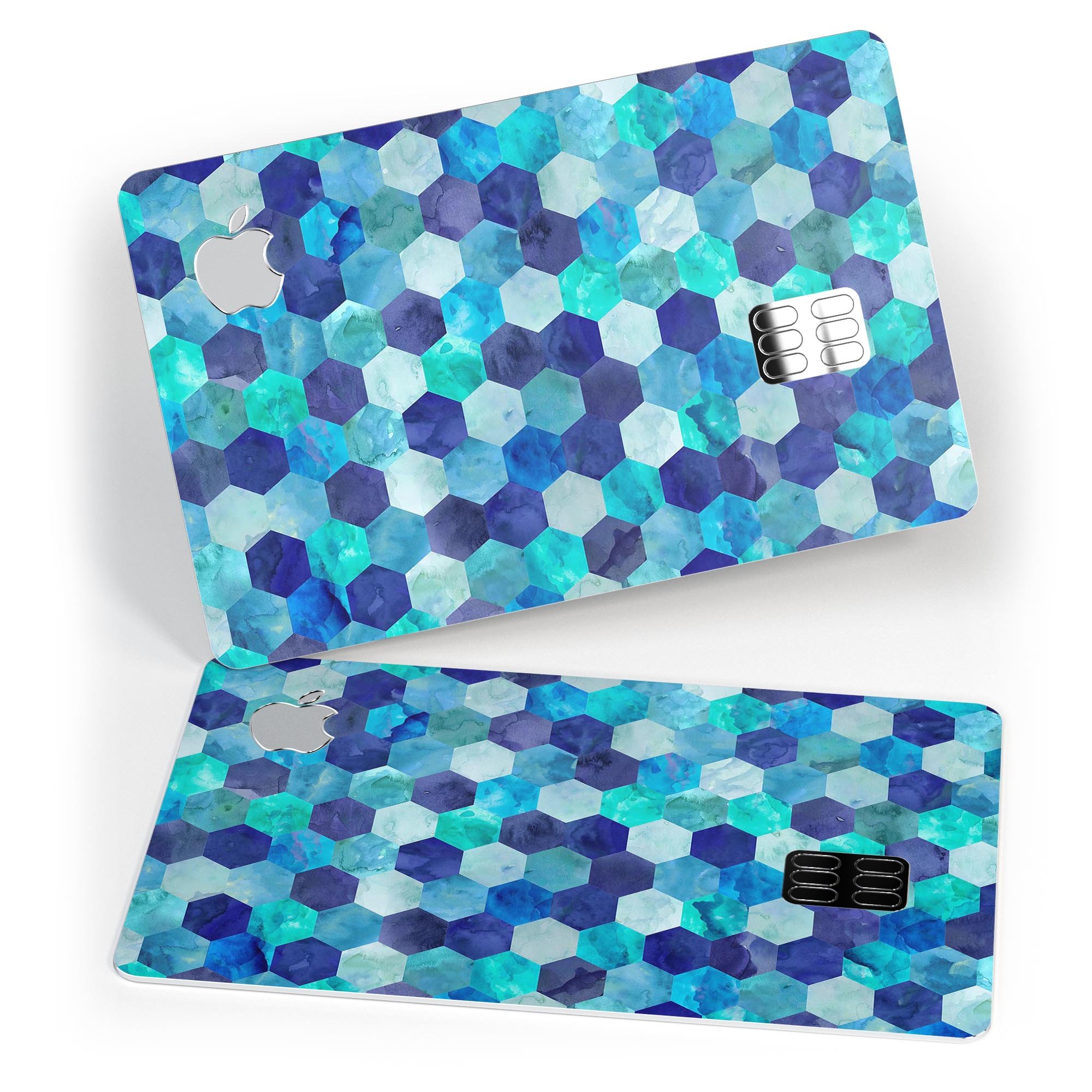 Blue Watercolor Hexagon Pattern skin decal for Apple Card, showcasing vibrant colors and a stylish design.