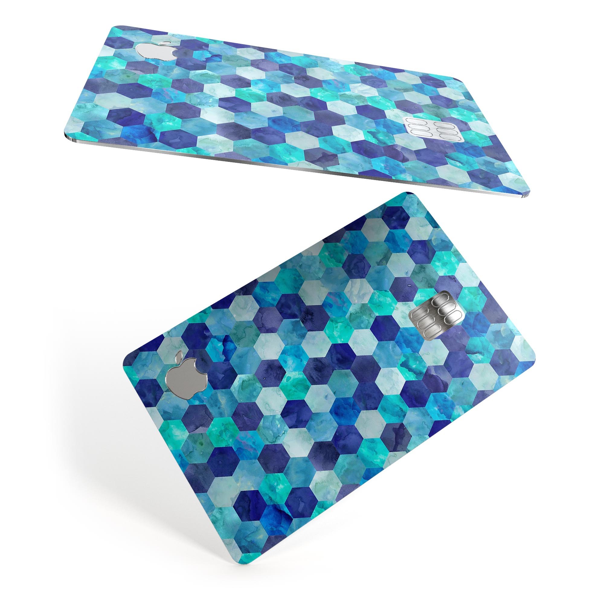 Blue Watercolor Hexagon Pattern skin decal for Apple Card, showcasing vibrant colors and a stylish design.