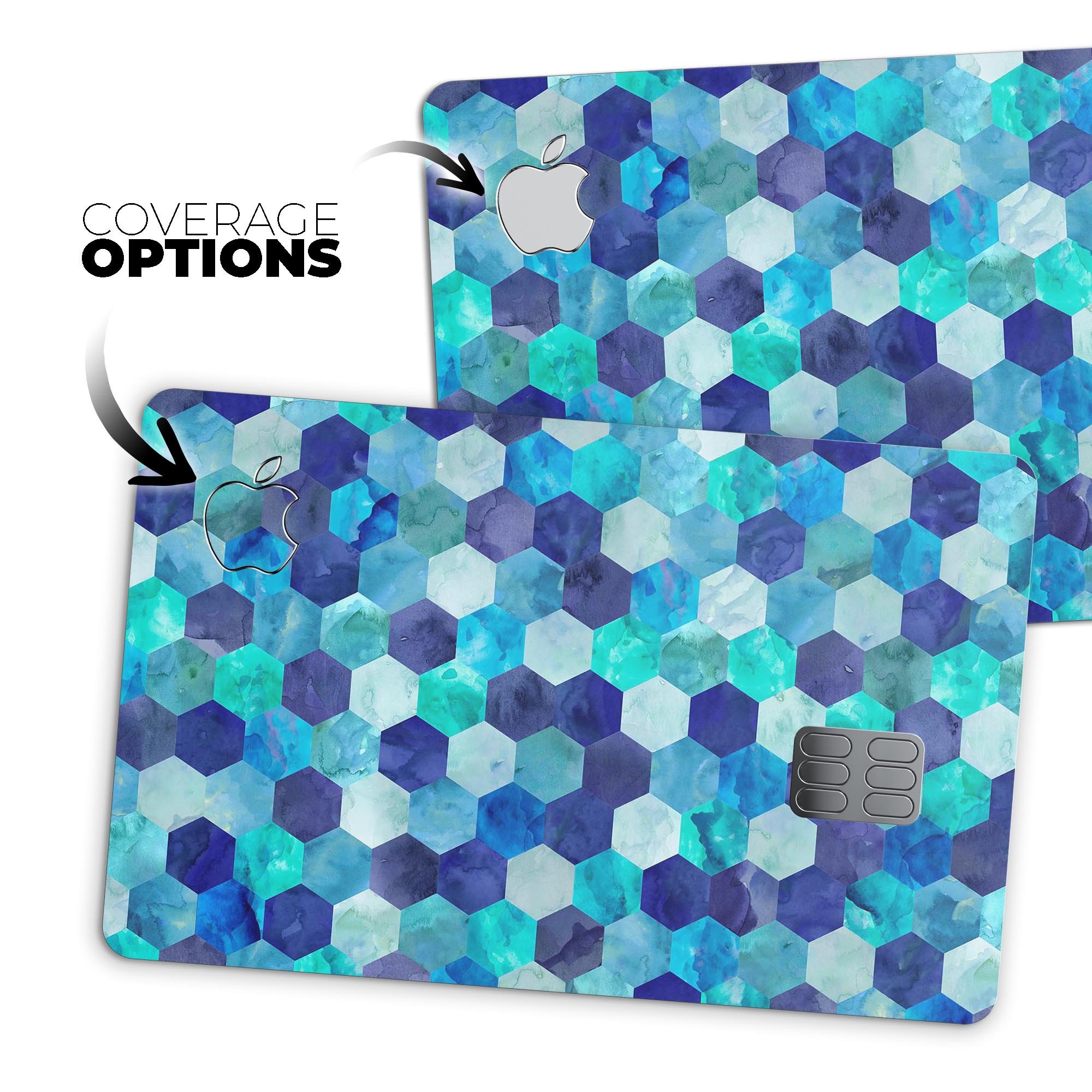 Blue Watercolor Hexagon Pattern skin decal for Apple Card, showcasing vibrant colors and a stylish design.