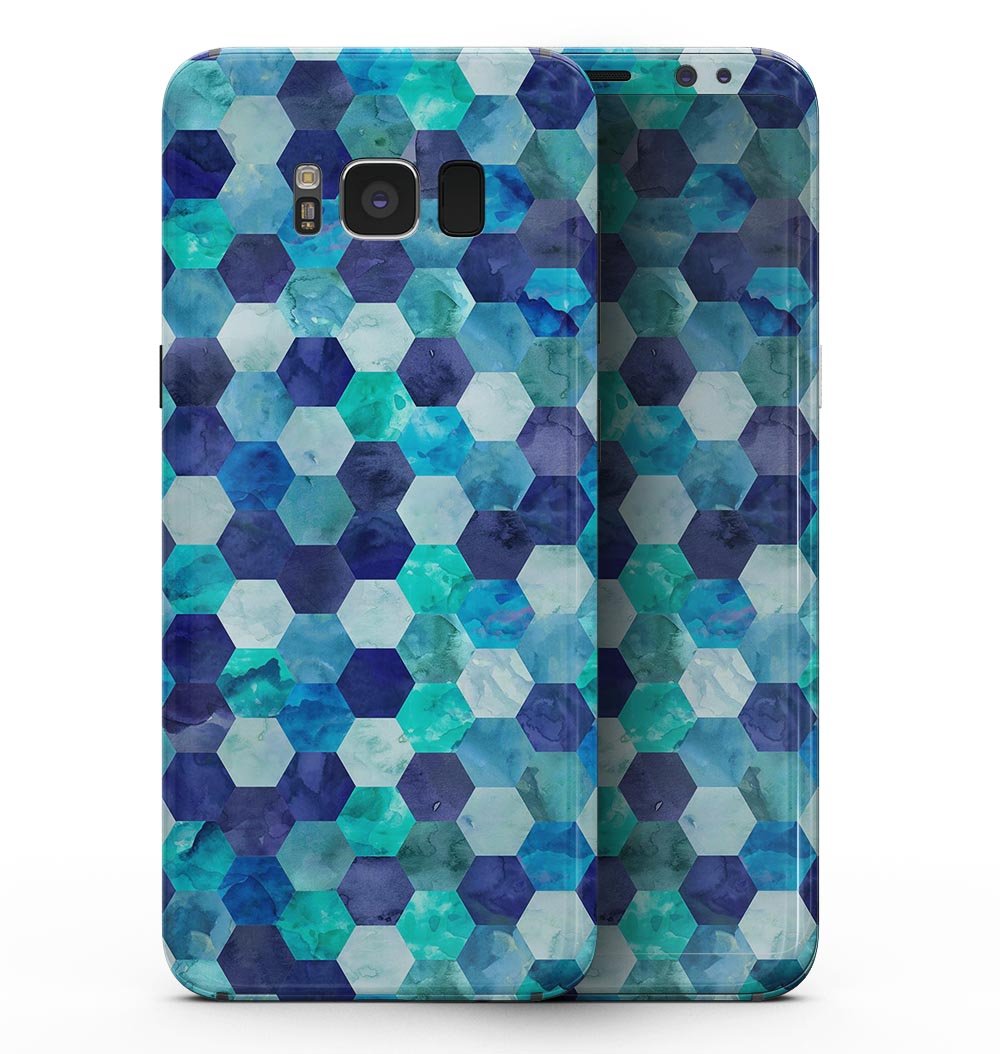 Samsung Galaxy S8 with Blue Watercolor Hexagon Pattern skin, showcasing vibrant colors and sleek design.