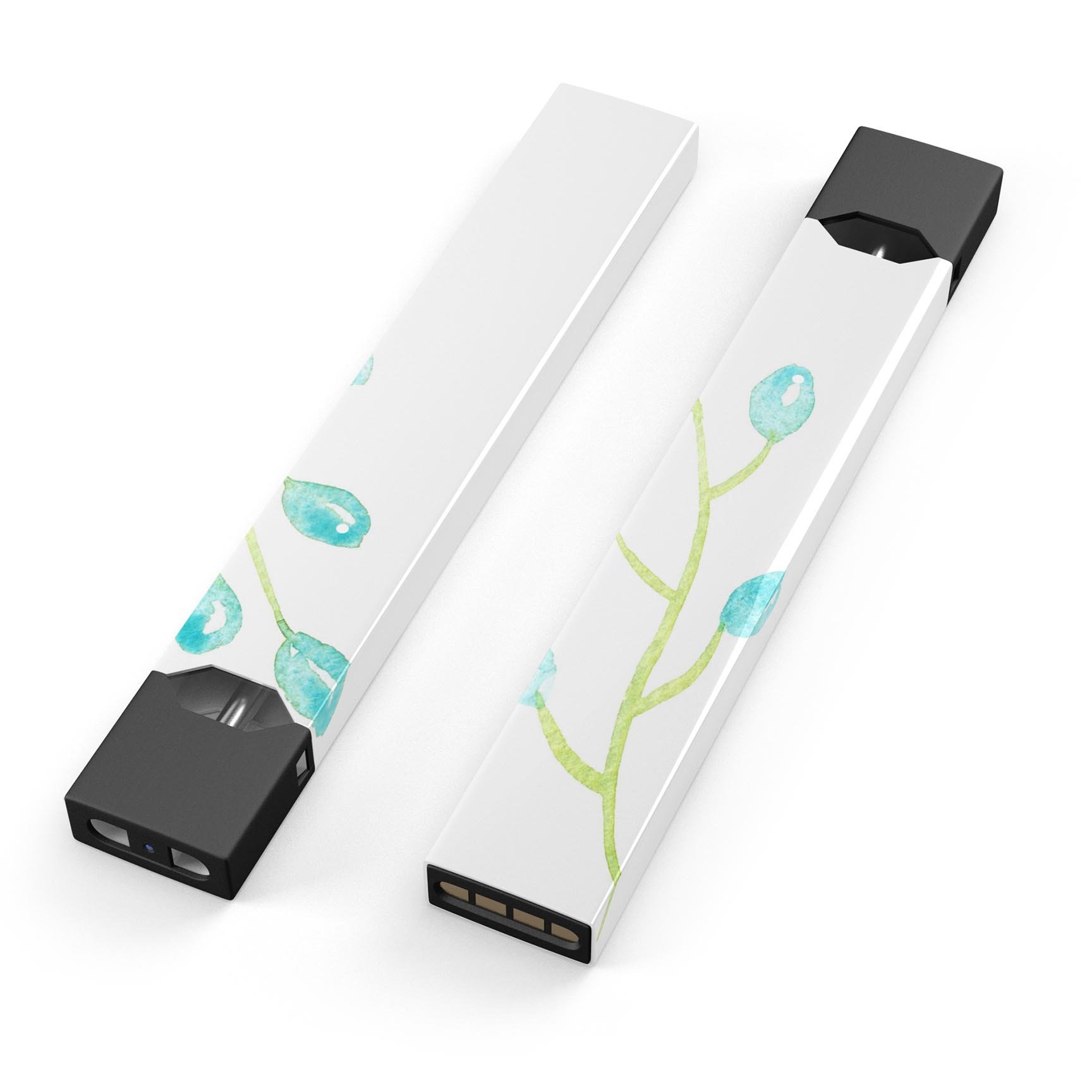 Blue Watercolor Olive Branch skin-wrap for JUUL device, showcasing a vibrant design with olive branches on a premium vinyl material.