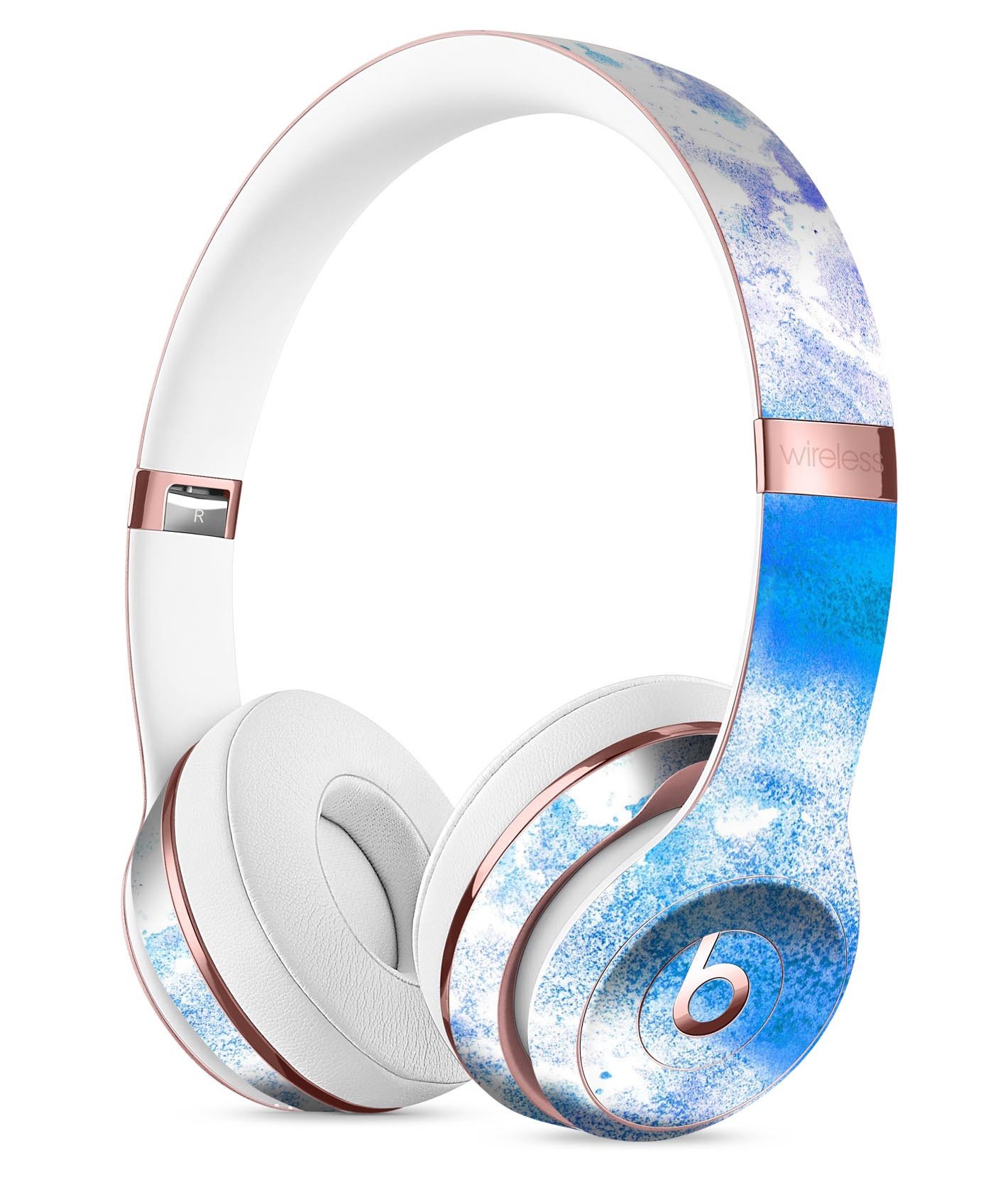 Blue watercolor skin kit for Beats by Dre Solo 3 Wireless headphones, showcasing vibrant colors and a sleek design.