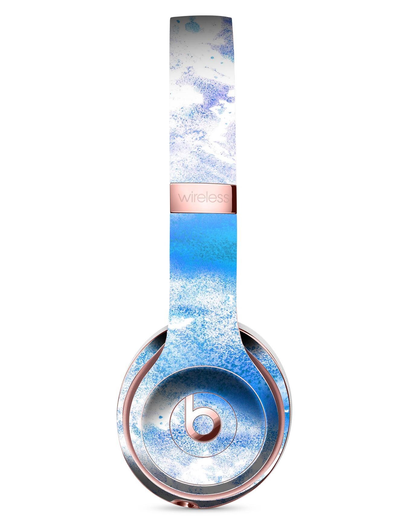 Blue watercolor skin kit for Beats by Dre Solo 3 Wireless headphones, showcasing vibrant colors and a sleek design.