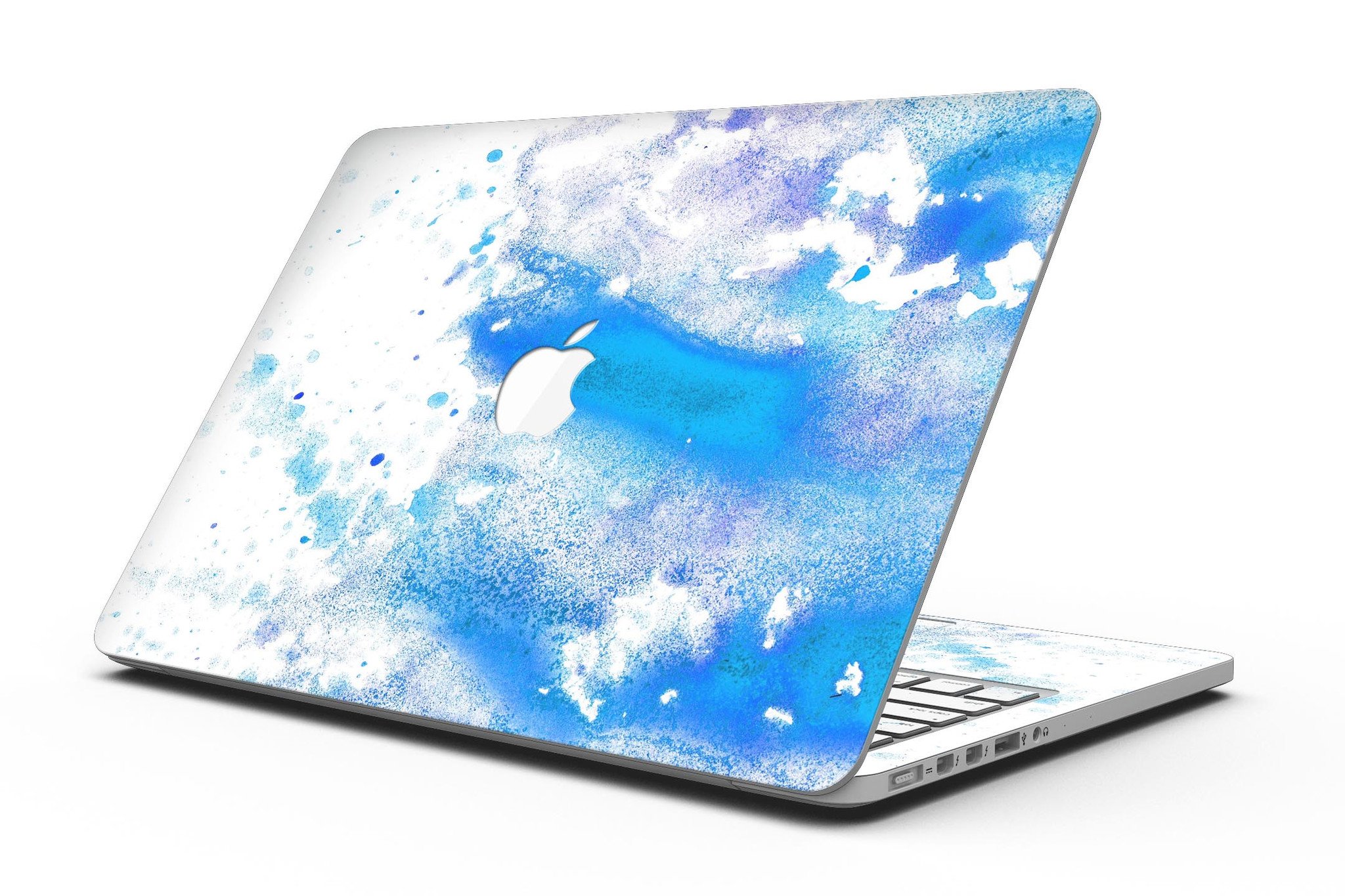 Blue watercolor skin design for MacBook Pro with Retina Display, showcasing vibrant colors on a white background.