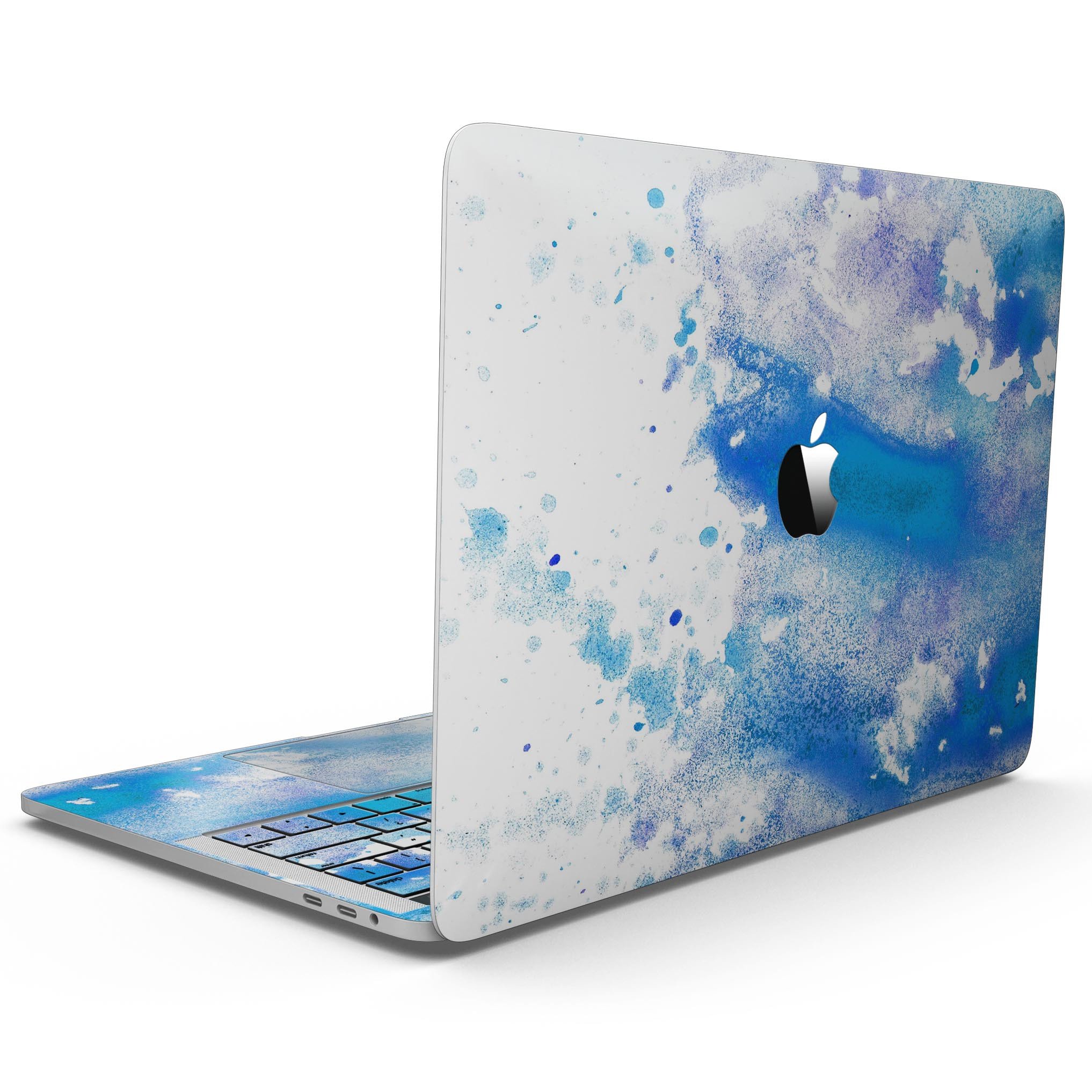 Blue watercolor skin kit for MacBook Pro with Touch Bar, showcasing vibrant colors and a sleek design.