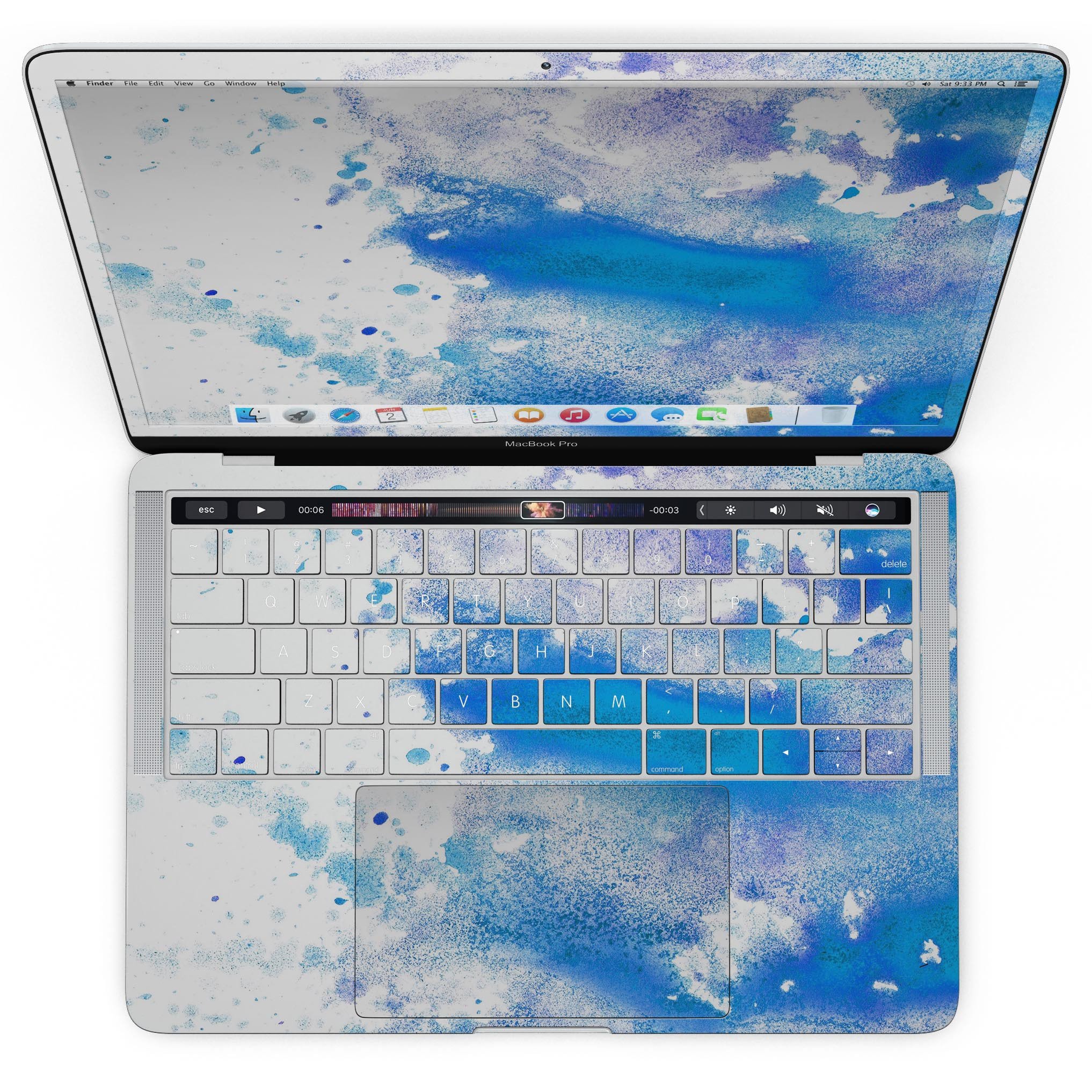 Blue watercolor skin kit for MacBook Pro with Touch Bar, showcasing vibrant colors and a sleek design.