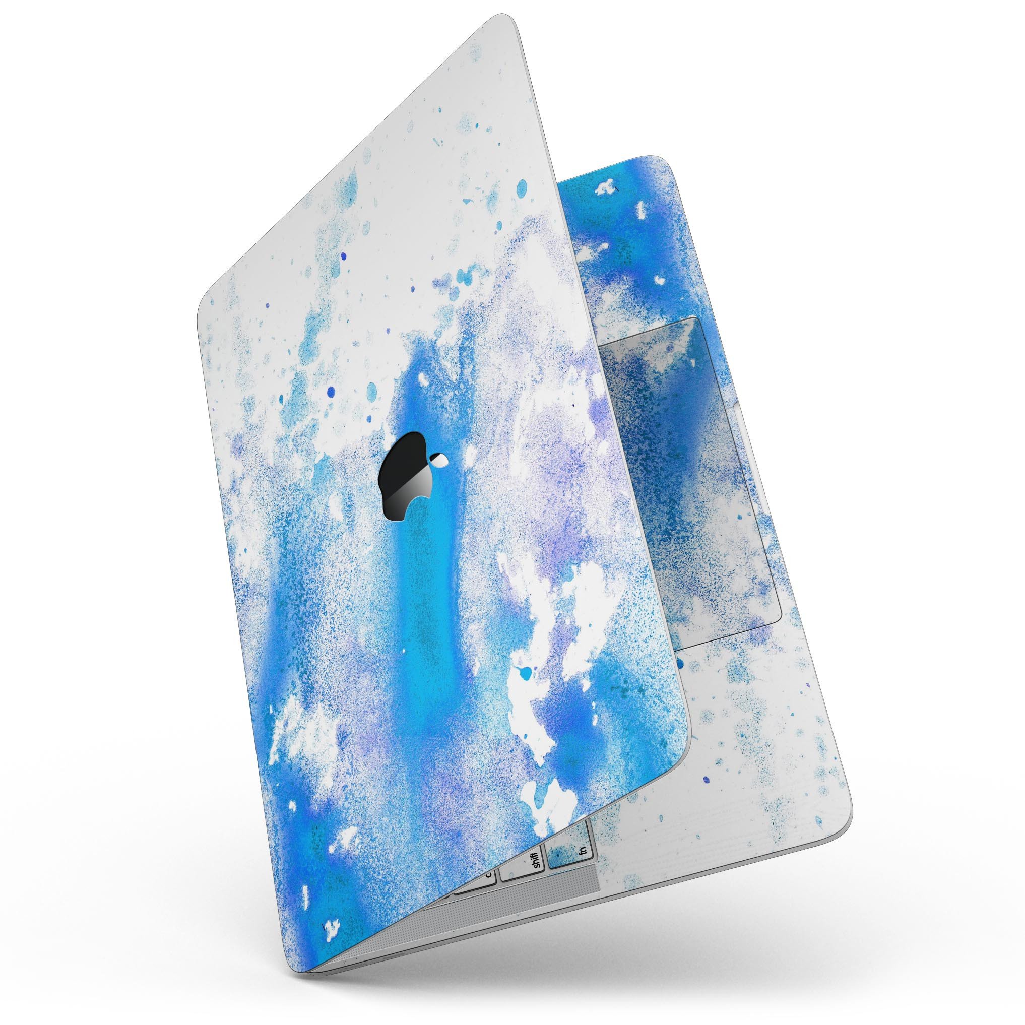 Blue watercolor skin kit for MacBook Pro with Touch Bar, showcasing vibrant colors and a sleek design.