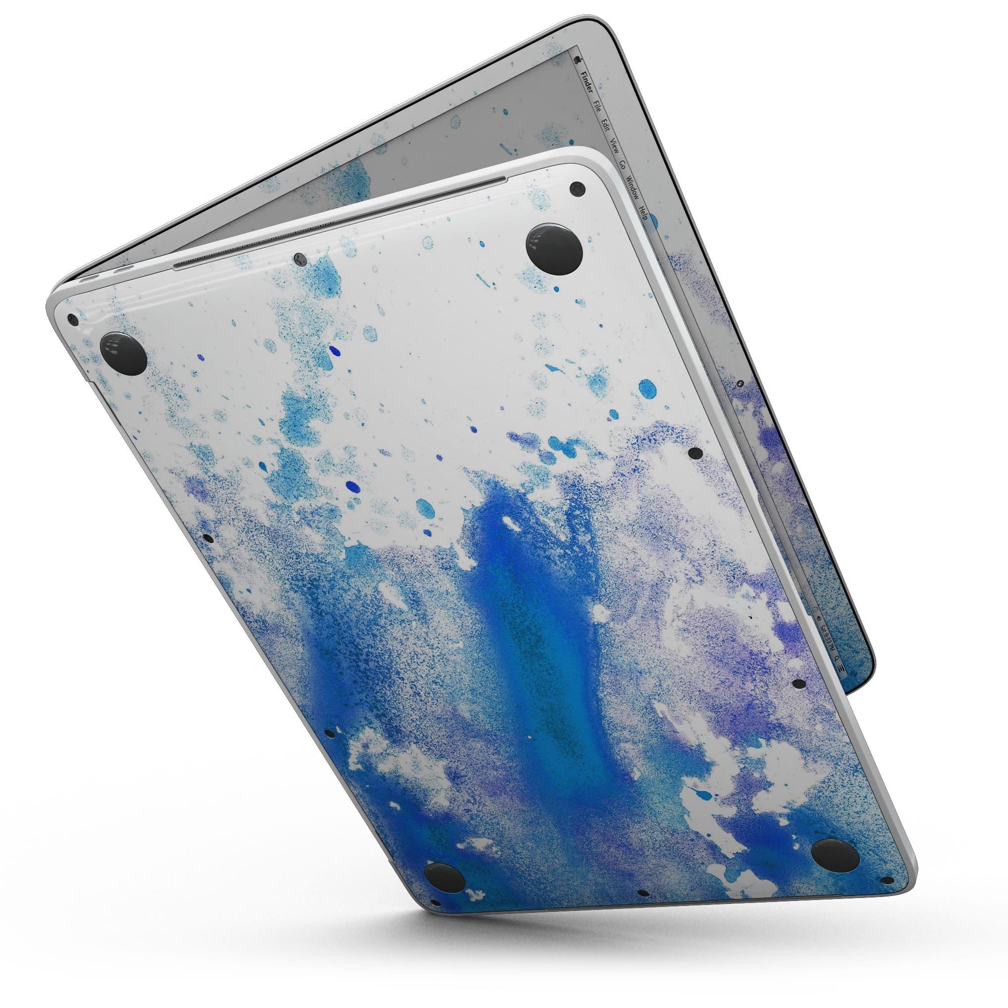 Blue watercolor skin kit for MacBook Pro with Touch Bar, showcasing vibrant colors and a sleek design.