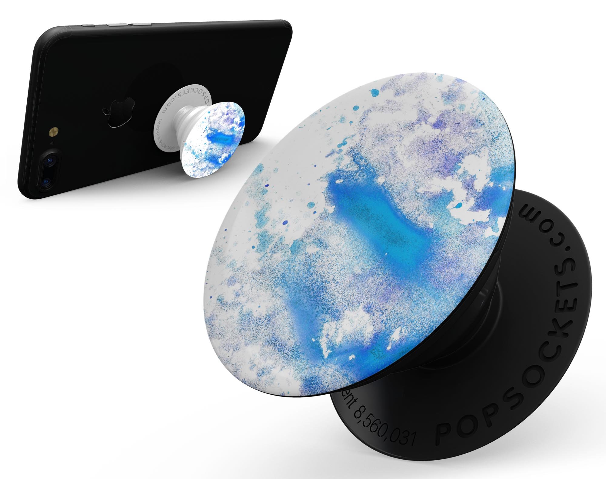 Blue watercolor design skin for PopSockets, featuring a vibrant and artistic pattern on a white background, perfect for personalizing smartphone grips.