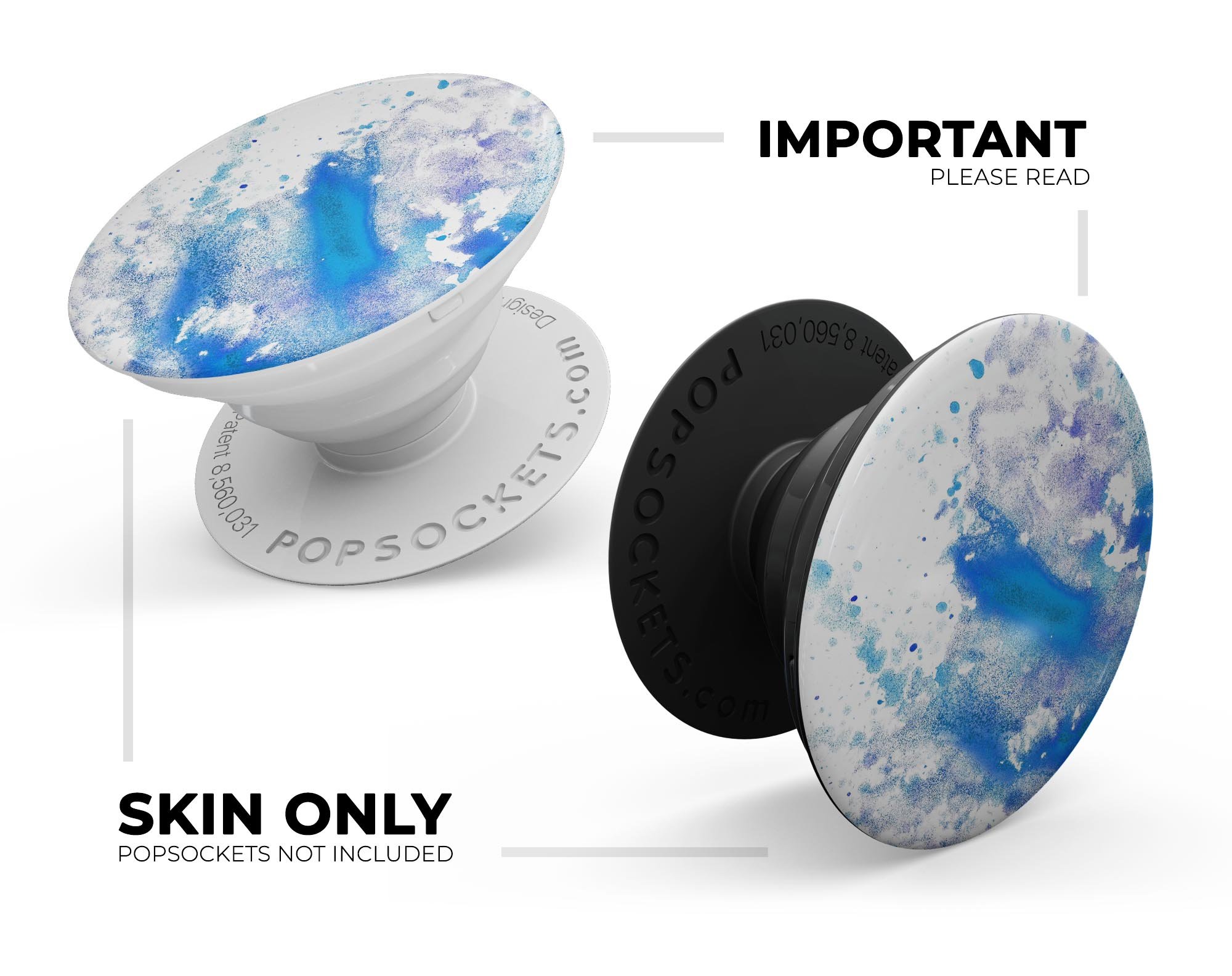 Blue watercolor design skin for PopSockets, featuring a vibrant and artistic pattern on a white background, perfect for personalizing smartphone grips.