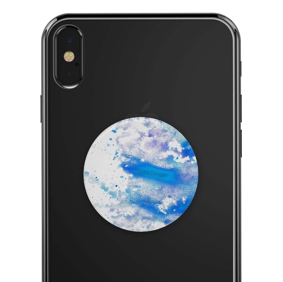 Blue watercolor design skin for PopSockets, featuring a vibrant and artistic pattern on a white background, perfect for personalizing smartphone grips.
