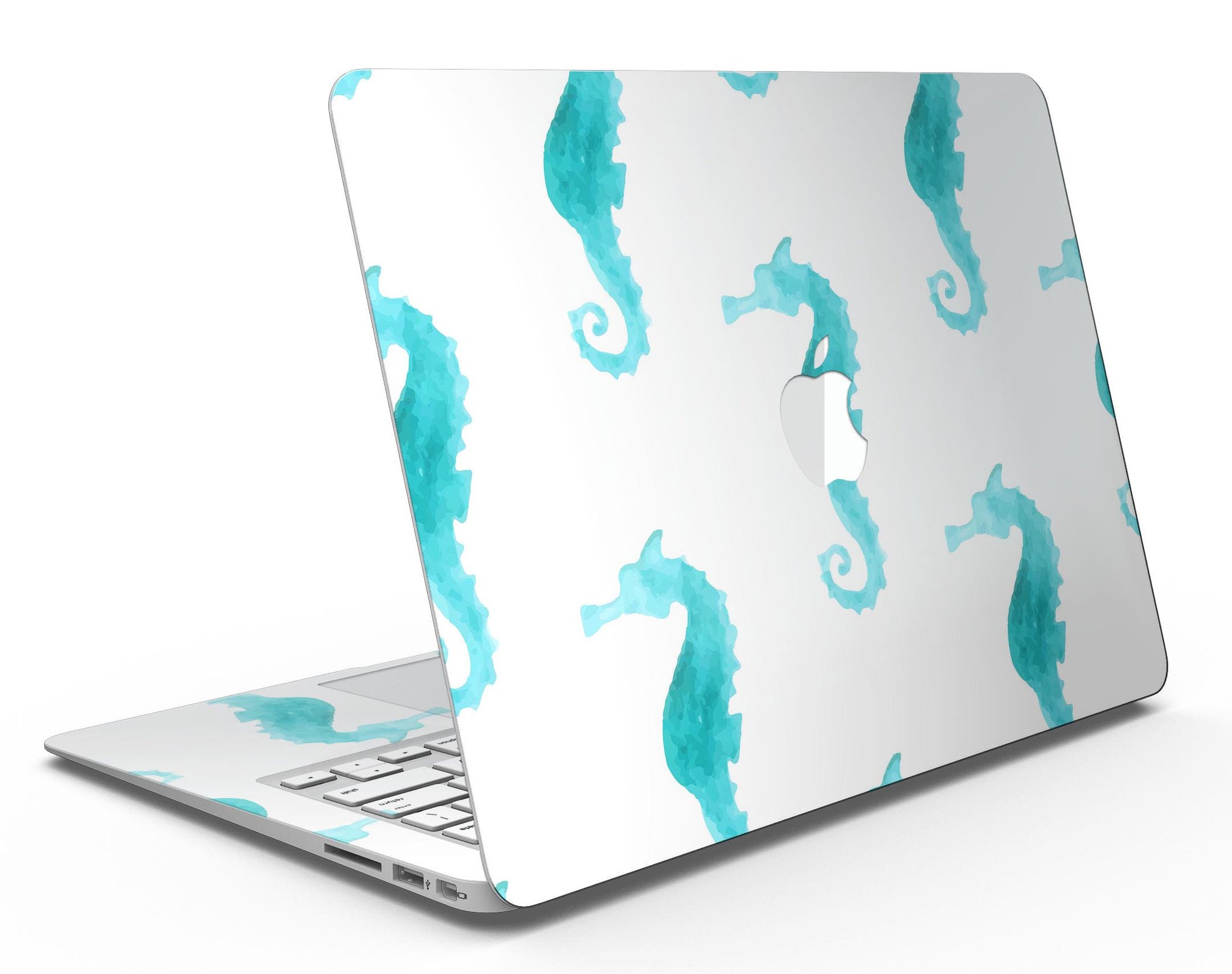Blue Watercolor Seahorses MacBook Air Skin Kit showcasing vibrant seahorse design on premium vinyl.