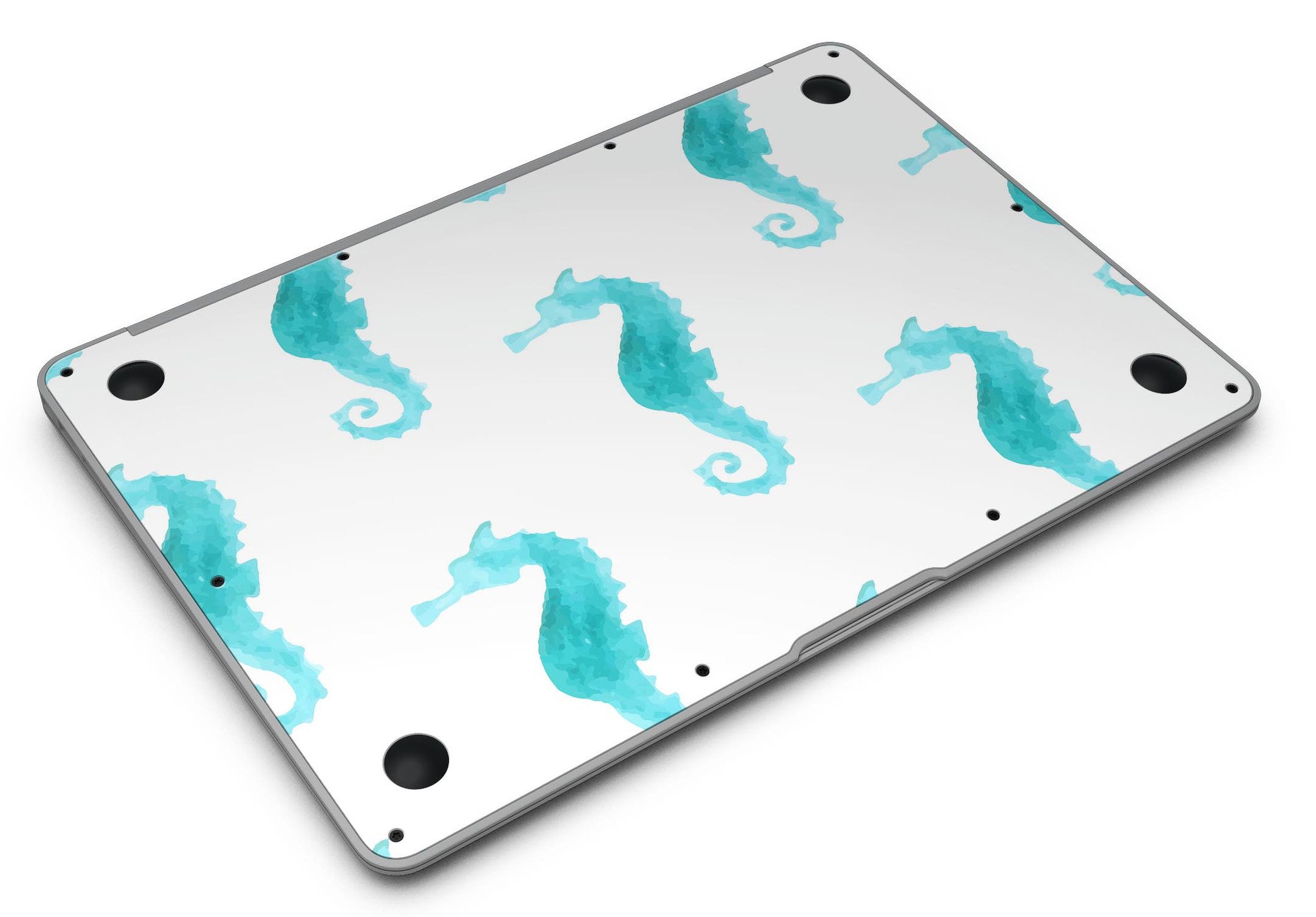 Blue Watercolor Seahorses MacBook Air Skin Kit showcasing vibrant seahorse design on premium vinyl.