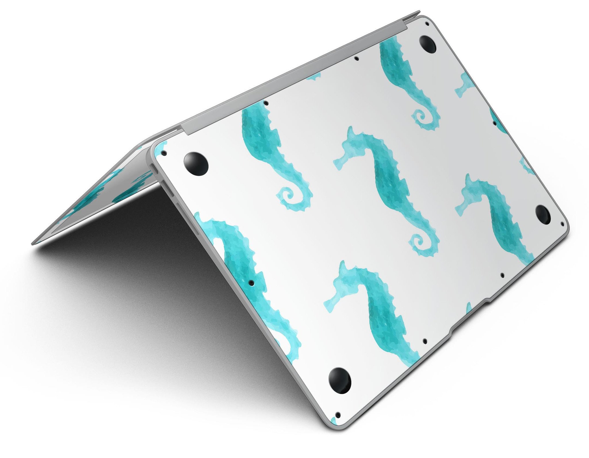 Blue Watercolor Seahorses MacBook Air Skin Kit showcasing vibrant seahorse design on premium vinyl.