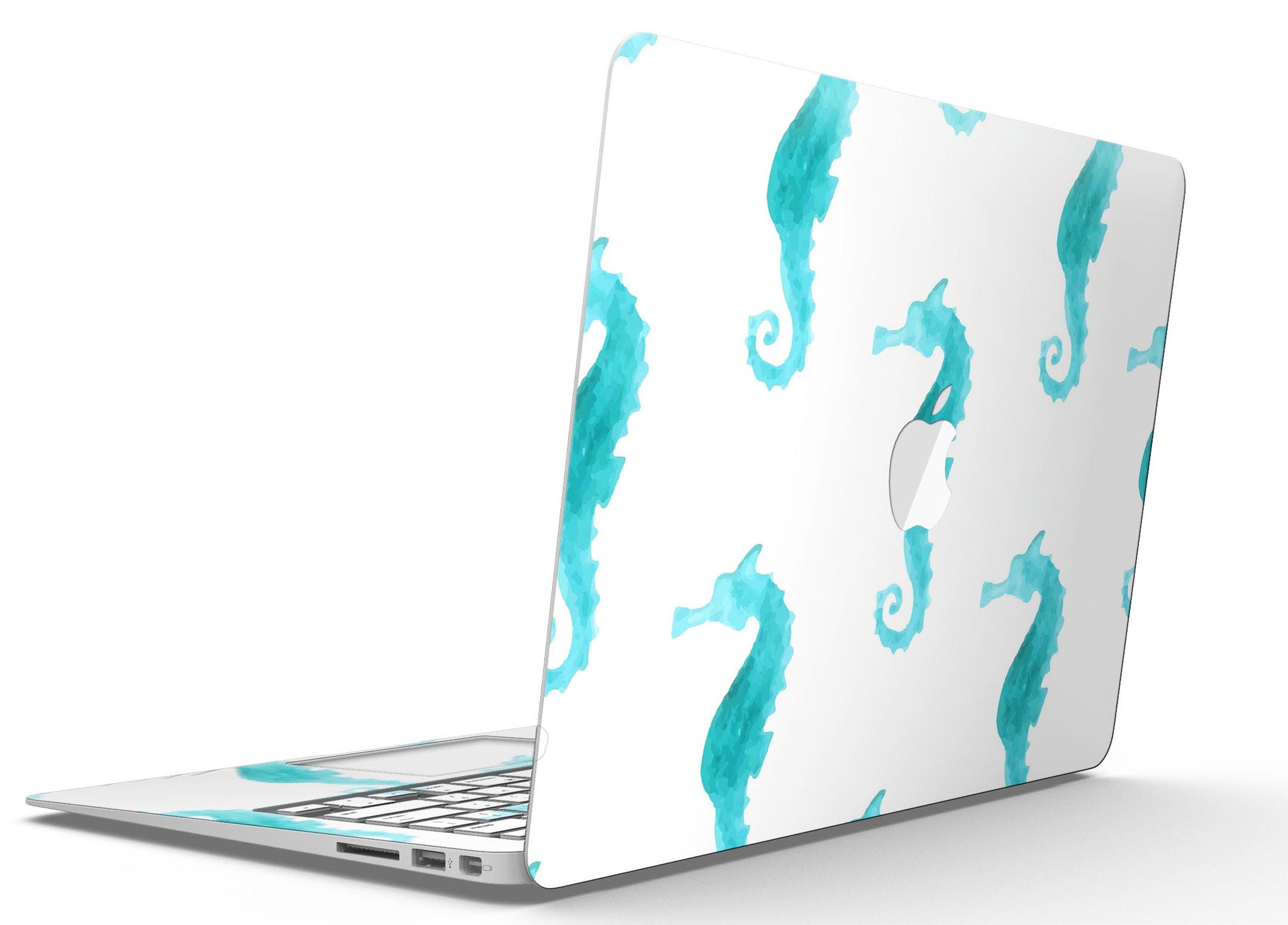 Blue Watercolor Seahorses MacBook Air Skin Kit showcasing vibrant seahorse design on premium vinyl.