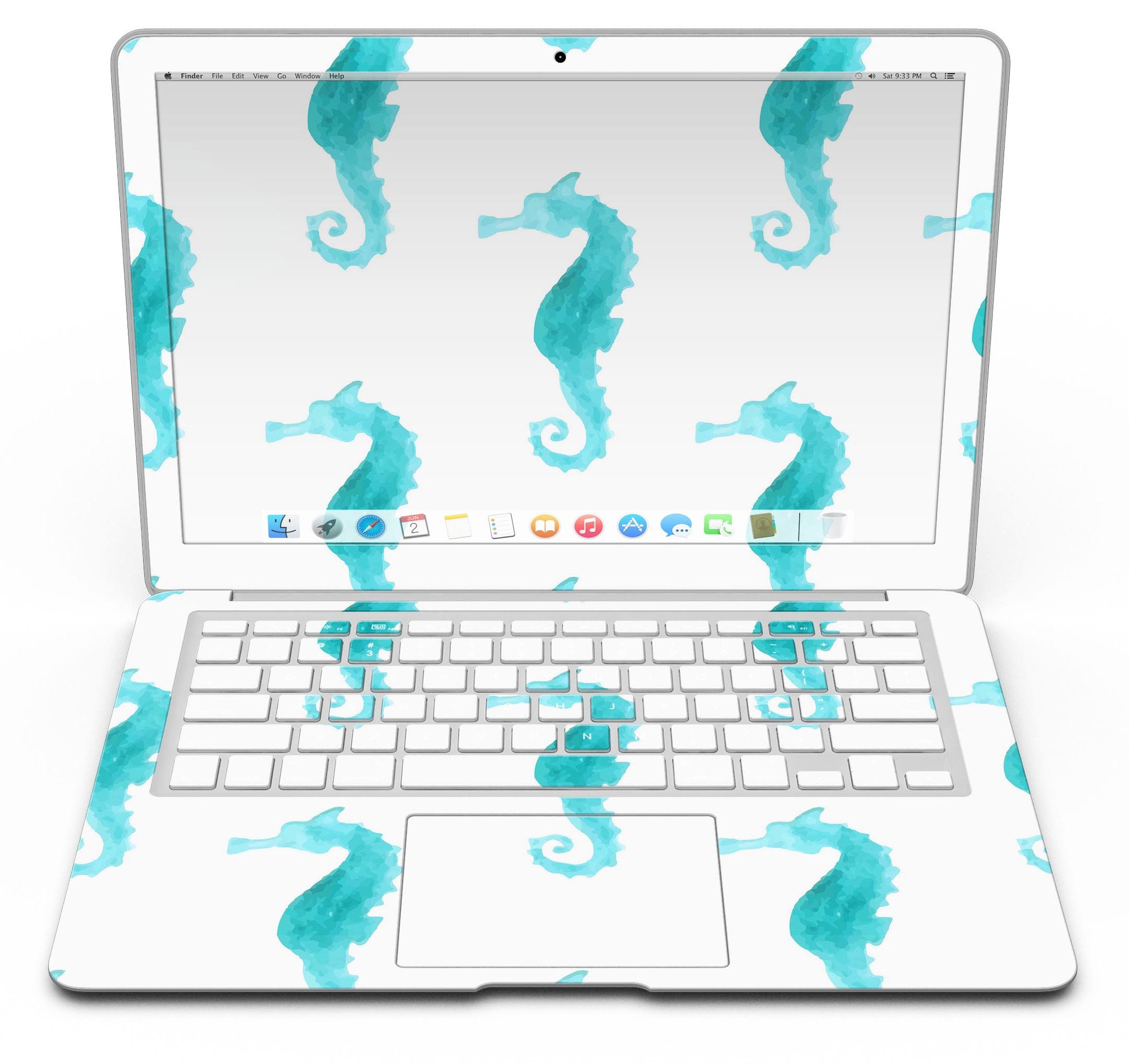 Blue Watercolor Seahorses MacBook Air Skin Kit showcasing vibrant seahorse design on premium vinyl.
