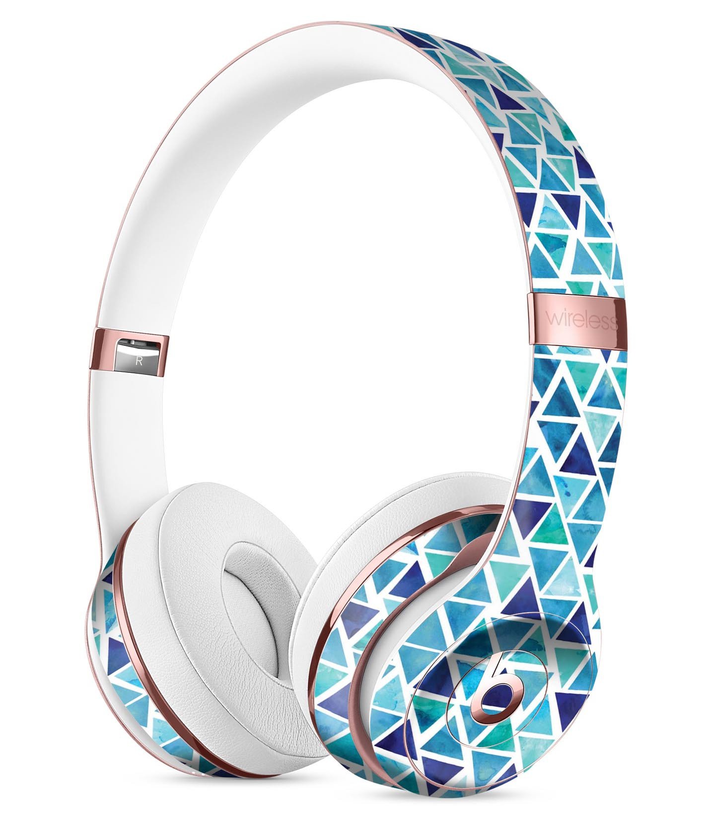 Blue Watercolor Triangle Pattern Skin Kit for Beats by Dre Solo 3 Wireless Headphones, showcasing vibrant colors and unique design.