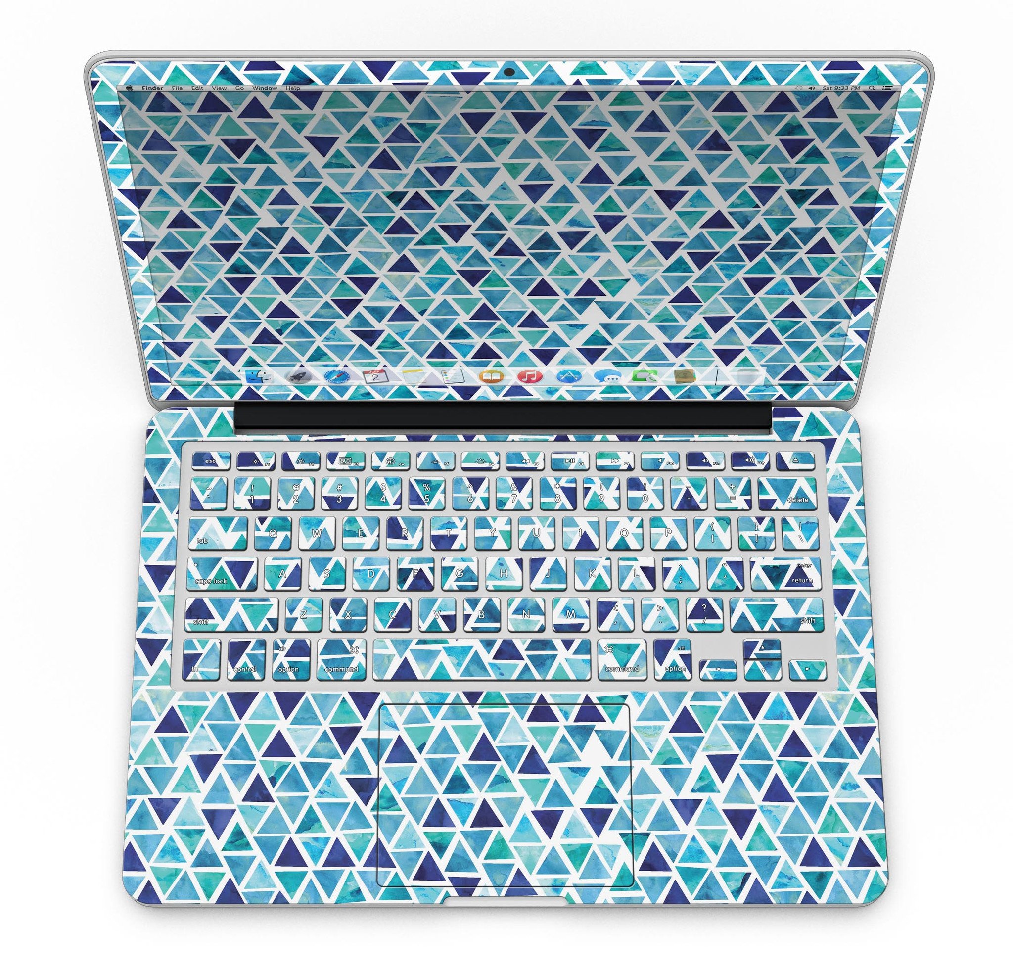 Blue Watercolor Triangle Pattern skin for MacBook Pro with Retina Display, showcasing vibrant colors and unique design.