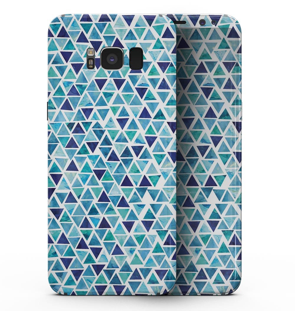 Samsung Galaxy S8 with Blue Watercolor Triangle Pattern full-body skin, showcasing vibrant colors and sleek design.