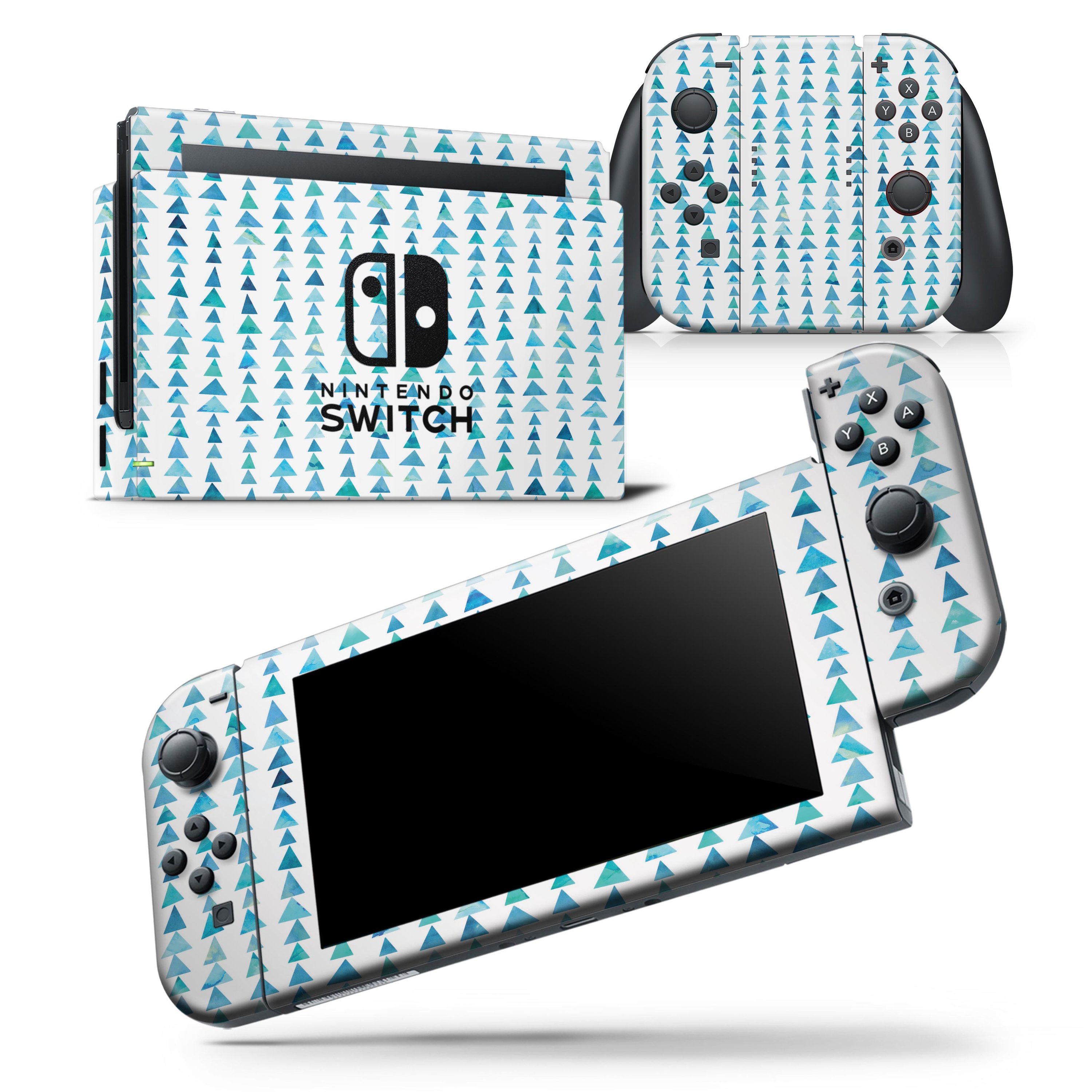 Blue Watercolor Triangle Pattern V2 skin wrap decal for Nintendo Switch, showcasing vibrant colors and a stylish design.