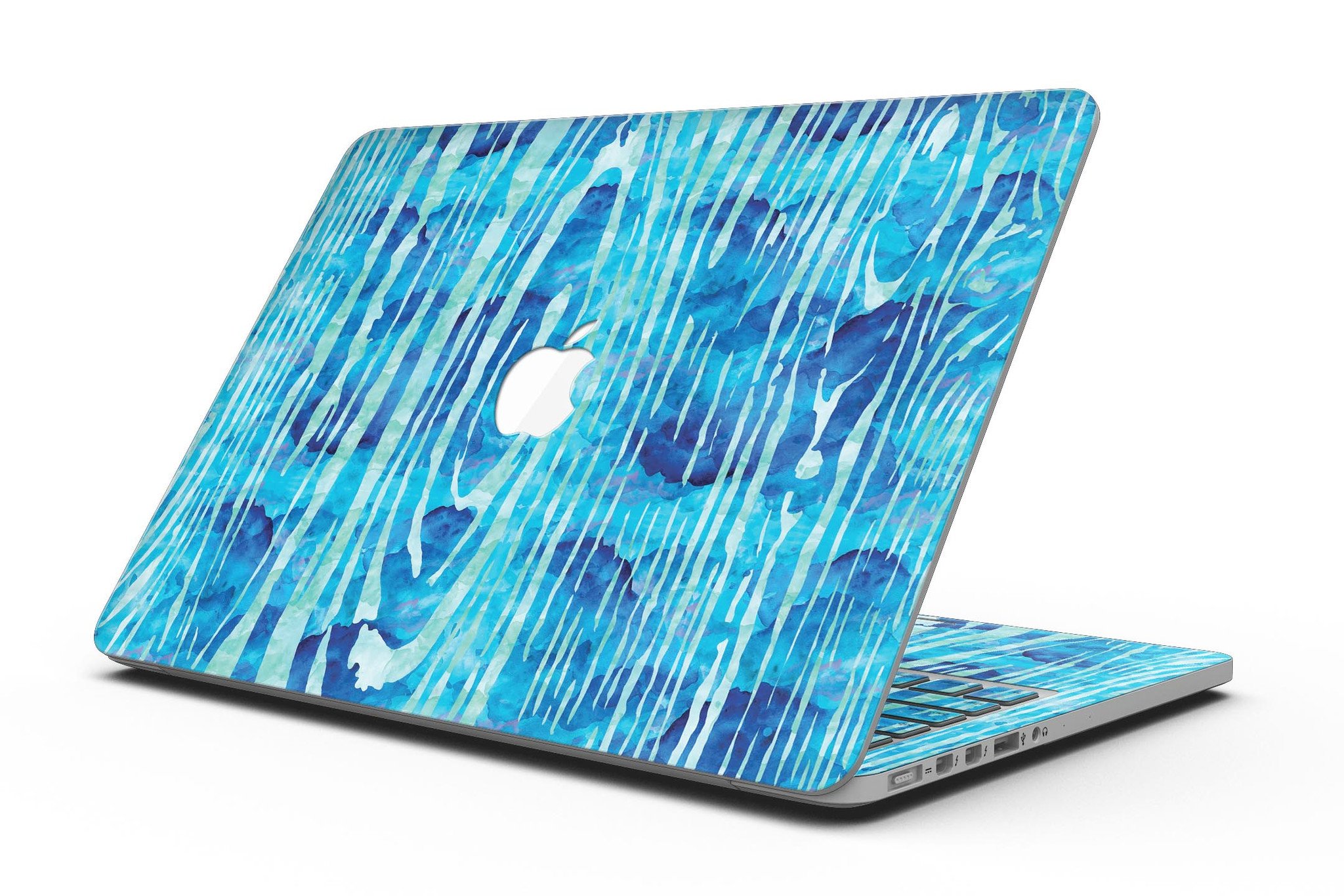 Blue Watercolor Woodgrain skin applied to a MacBook Pro with Retina Display, showcasing a vibrant and artistic design.