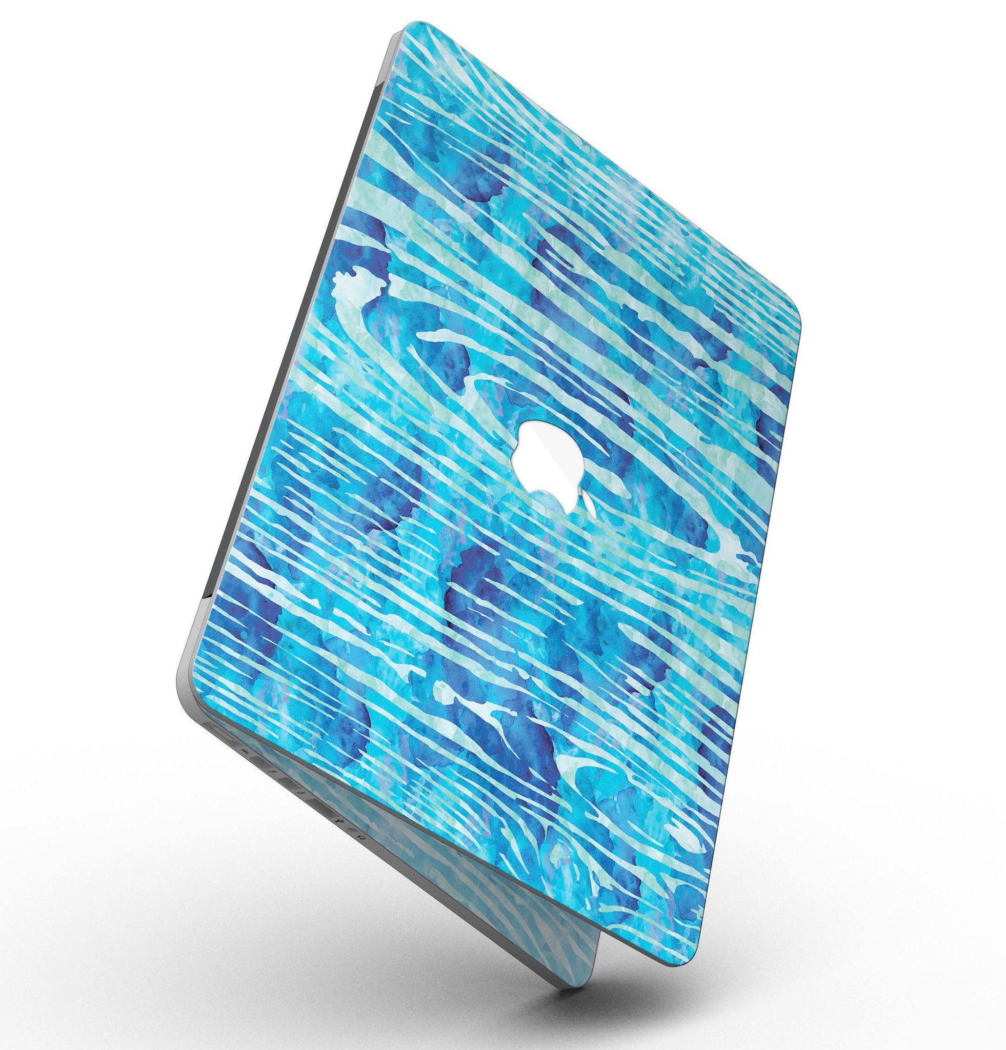 Blue Watercolor Woodgrain skin applied to a MacBook Pro with Retina Display, showcasing a vibrant and artistic design.