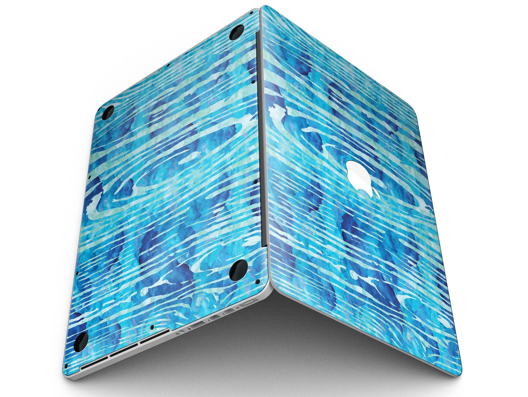 Blue Watercolor Woodgrain skin applied to a MacBook Pro with Retina Display, showcasing a vibrant and artistic design.