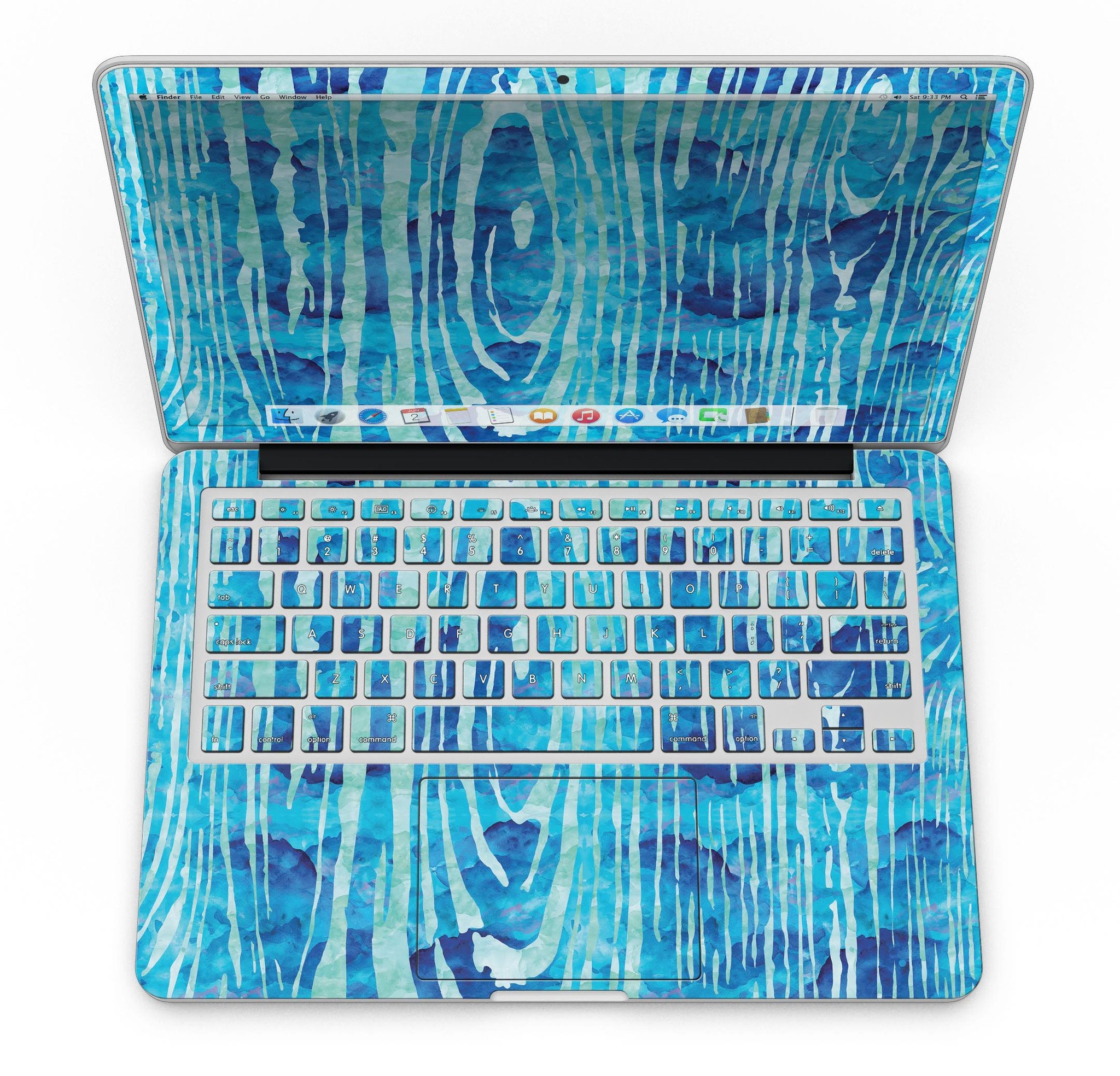 Blue Watercolor Woodgrain skin applied to a MacBook Pro with Retina Display, showcasing a vibrant and artistic design.