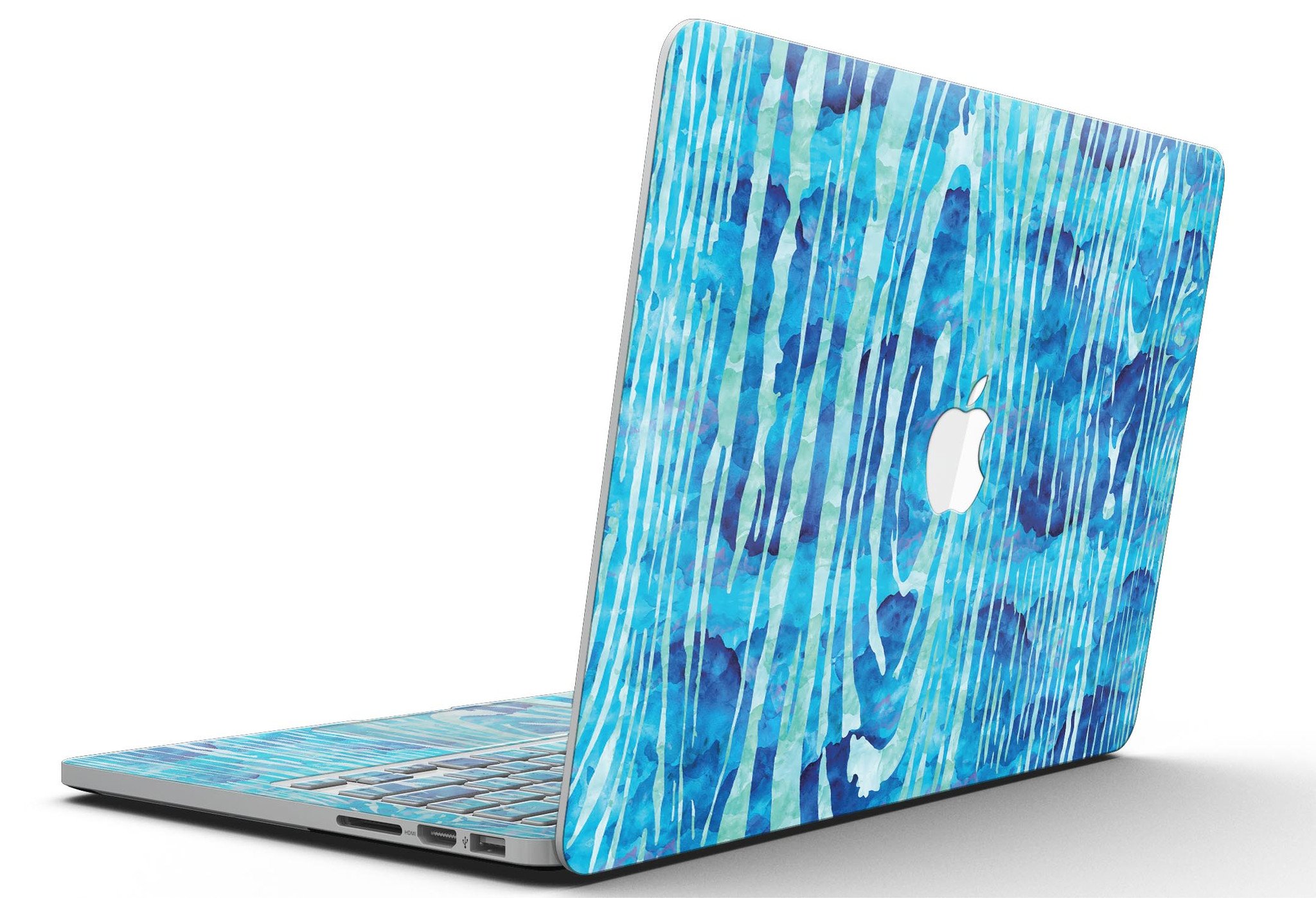 Blue Watercolor Woodgrain skin applied to a MacBook Pro with Retina Display, showcasing a vibrant and artistic design.