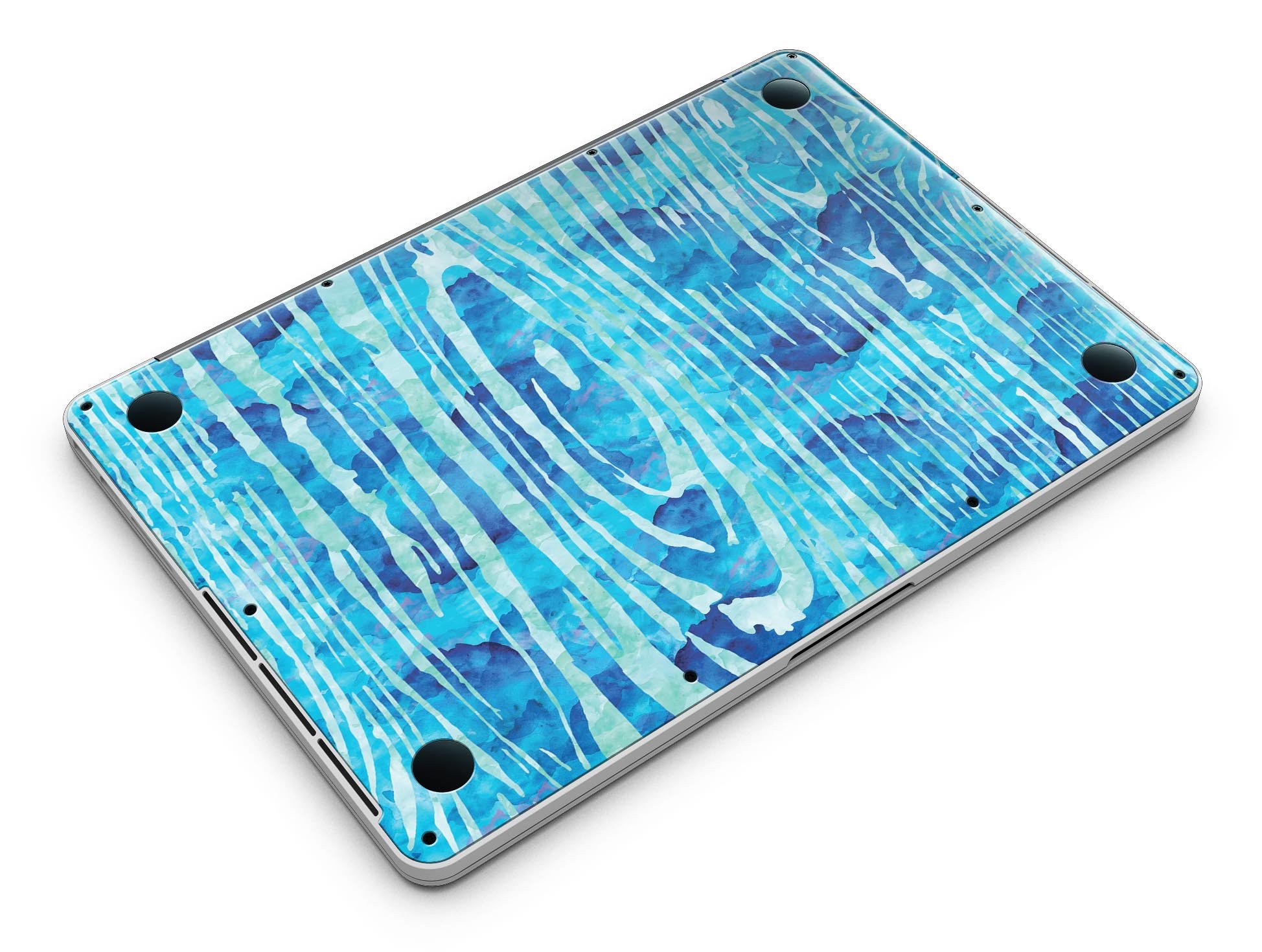 Blue Watercolor Woodgrain skin applied to a MacBook Pro with Retina Display, showcasing a vibrant and artistic design.