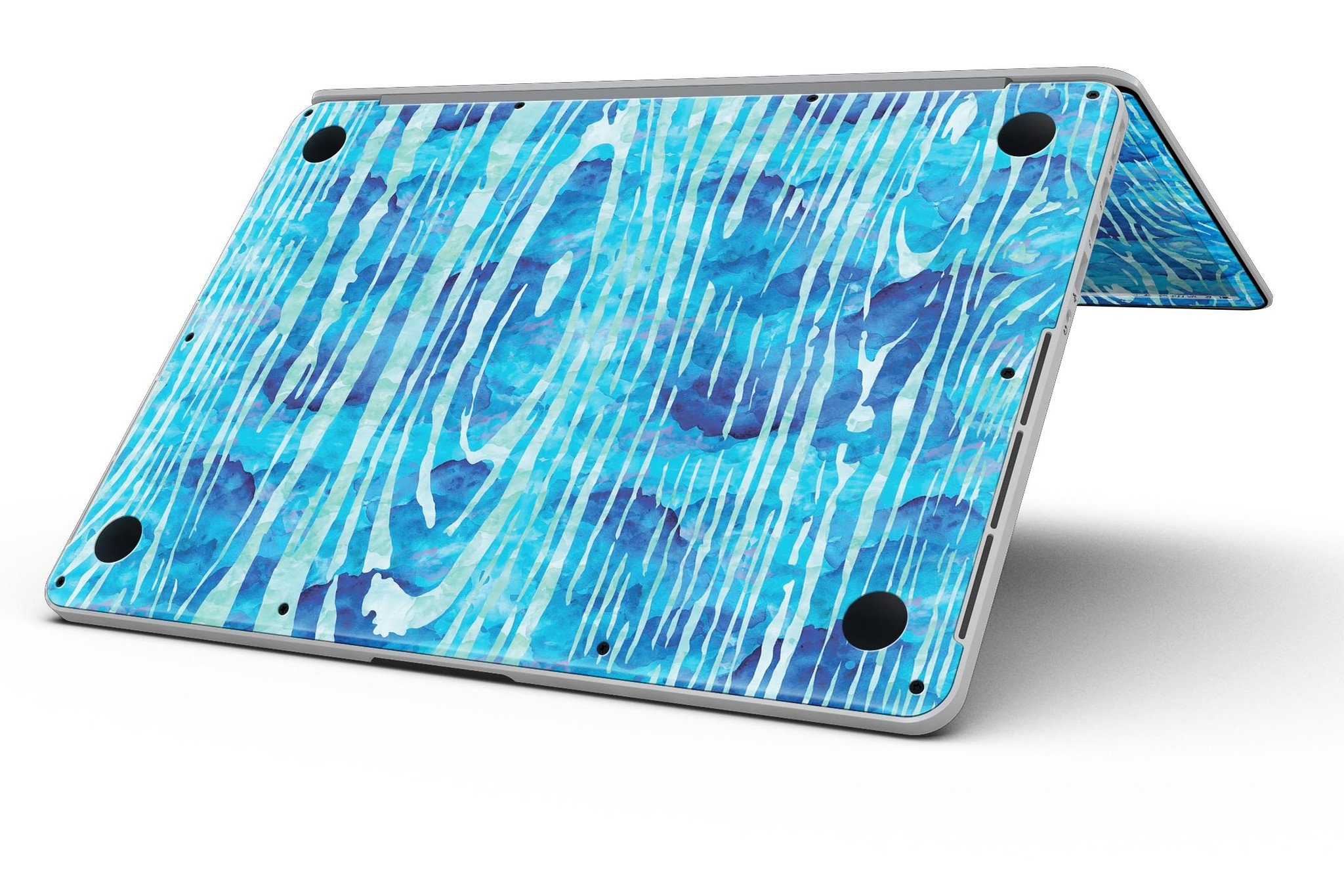 Blue Watercolor Woodgrain skin applied to a MacBook Pro with Retina Display, showcasing a vibrant and artistic design.