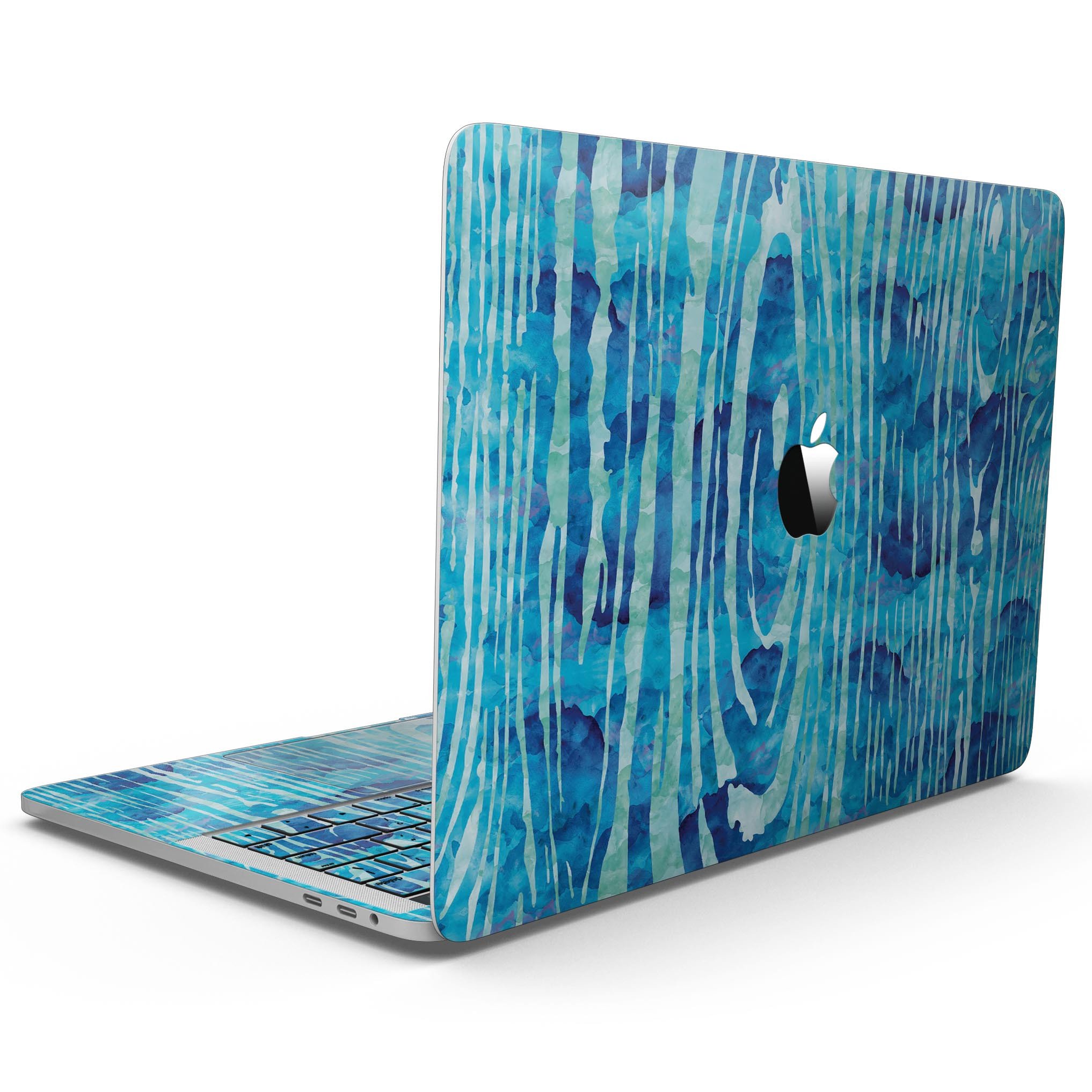 Blue Watercolor Woodgrain skin applied to a MacBook Pro with Touch Bar, showcasing vibrant colors and a sleek design.
