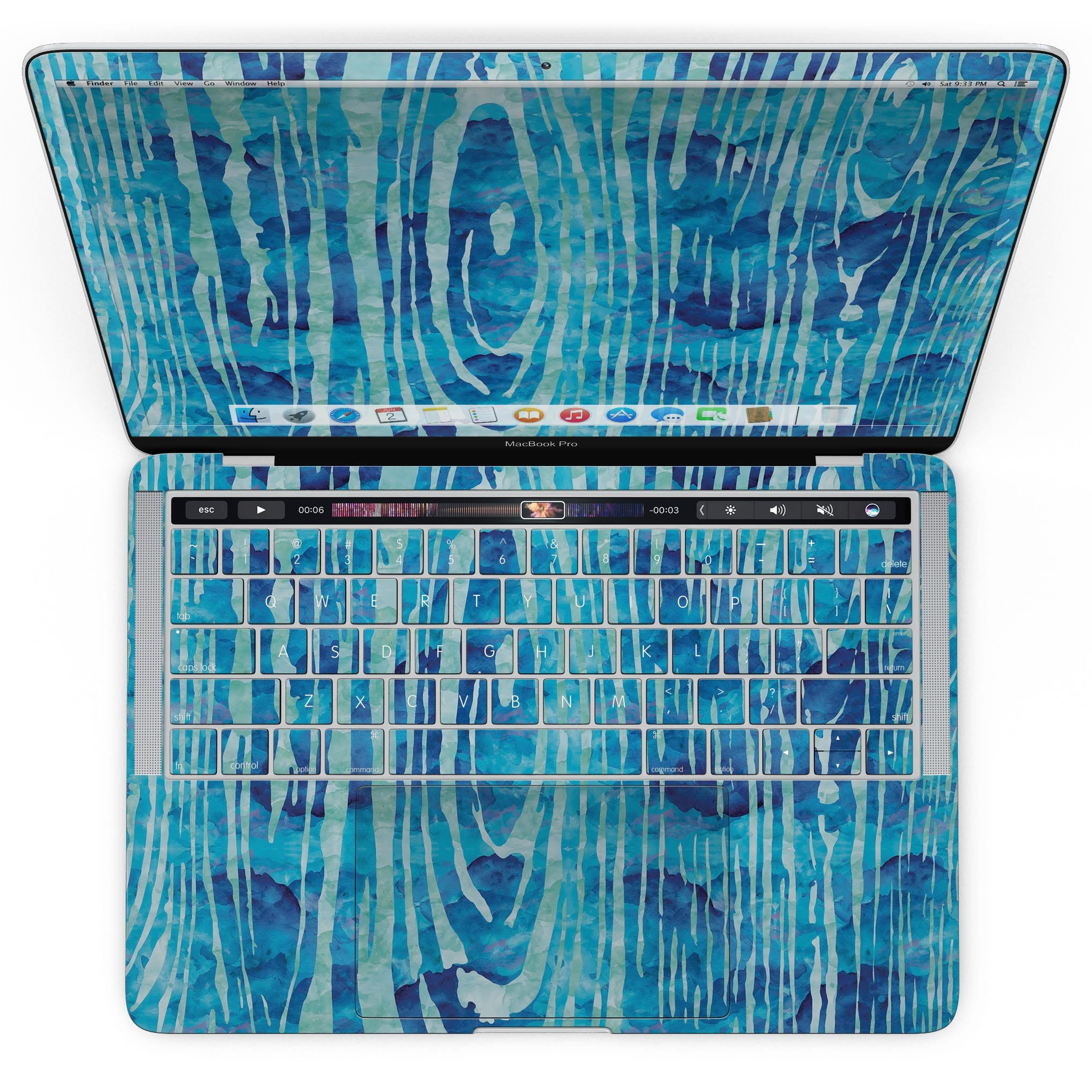 Blue Watercolor Woodgrain skin applied to a MacBook Pro with Touch Bar, showcasing vibrant colors and a sleek design.