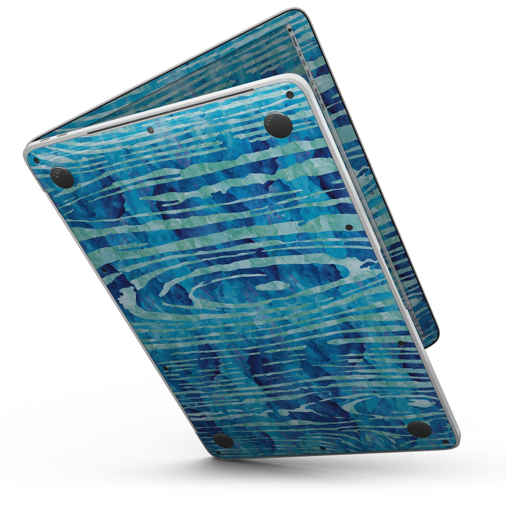 Blue Watercolor Woodgrain skin applied to a MacBook Pro with Touch Bar, showcasing vibrant colors and a sleek design.