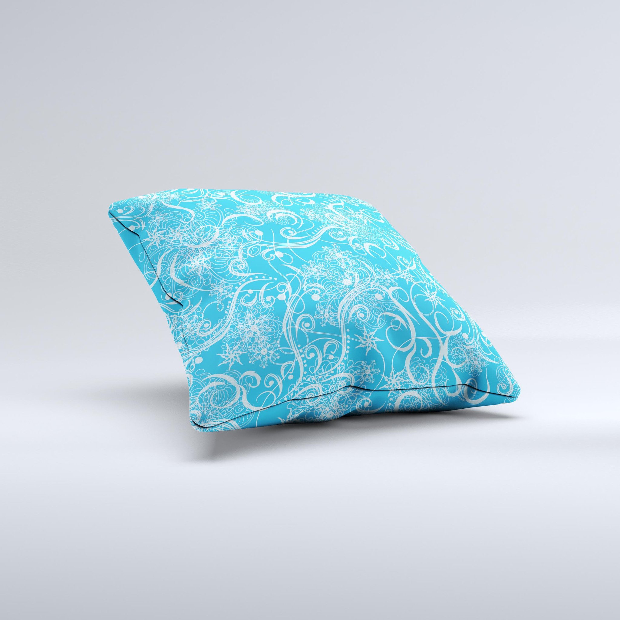 Blue and white decorative throw pillow featuring an abstract swirly pattern, handcrafted in Virginia with high-quality materials.