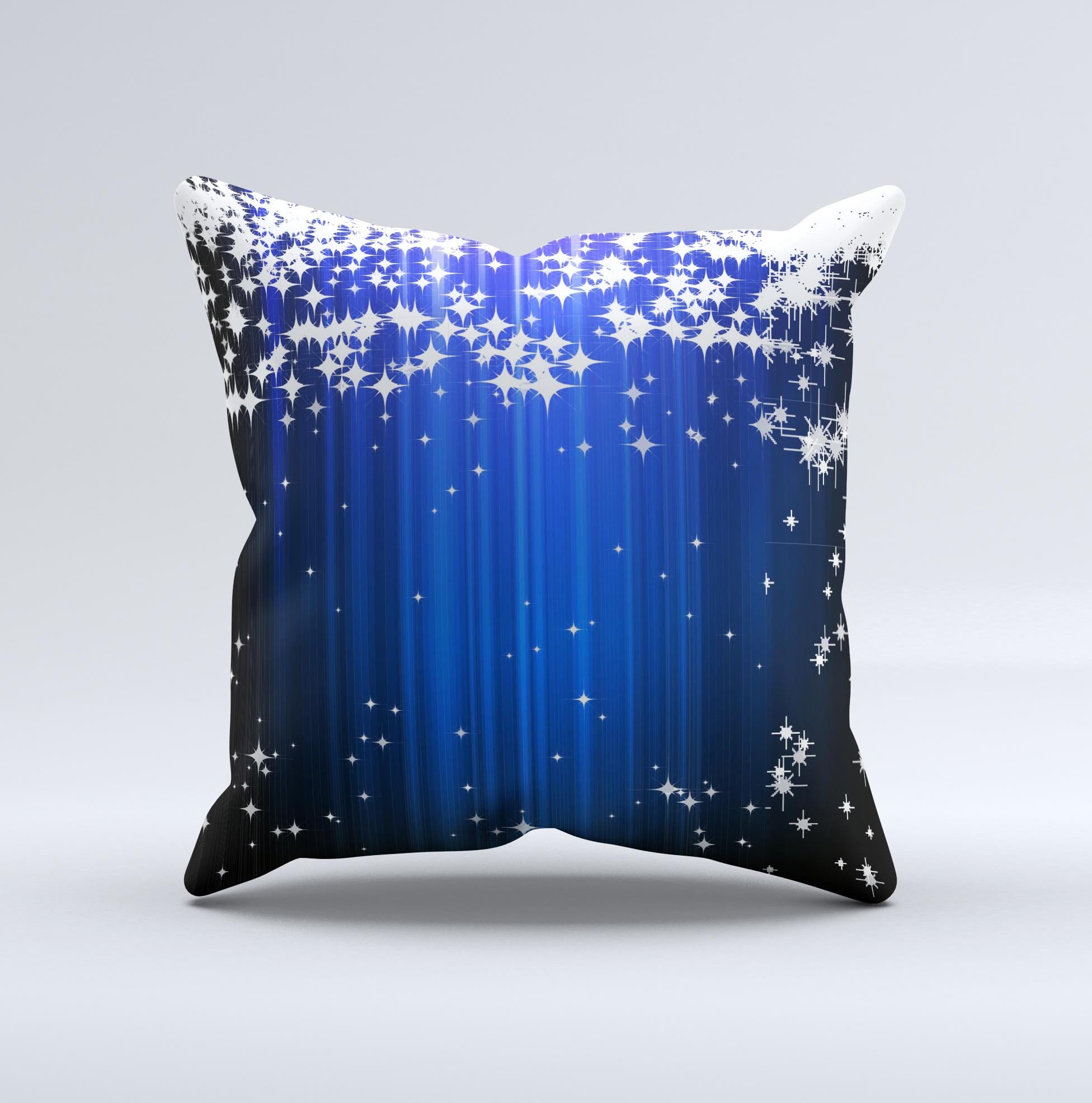 Blue and white decorative throw pillow with shimmer strips, handcrafted in Virginia, showcasing unique ink-fuzed design.