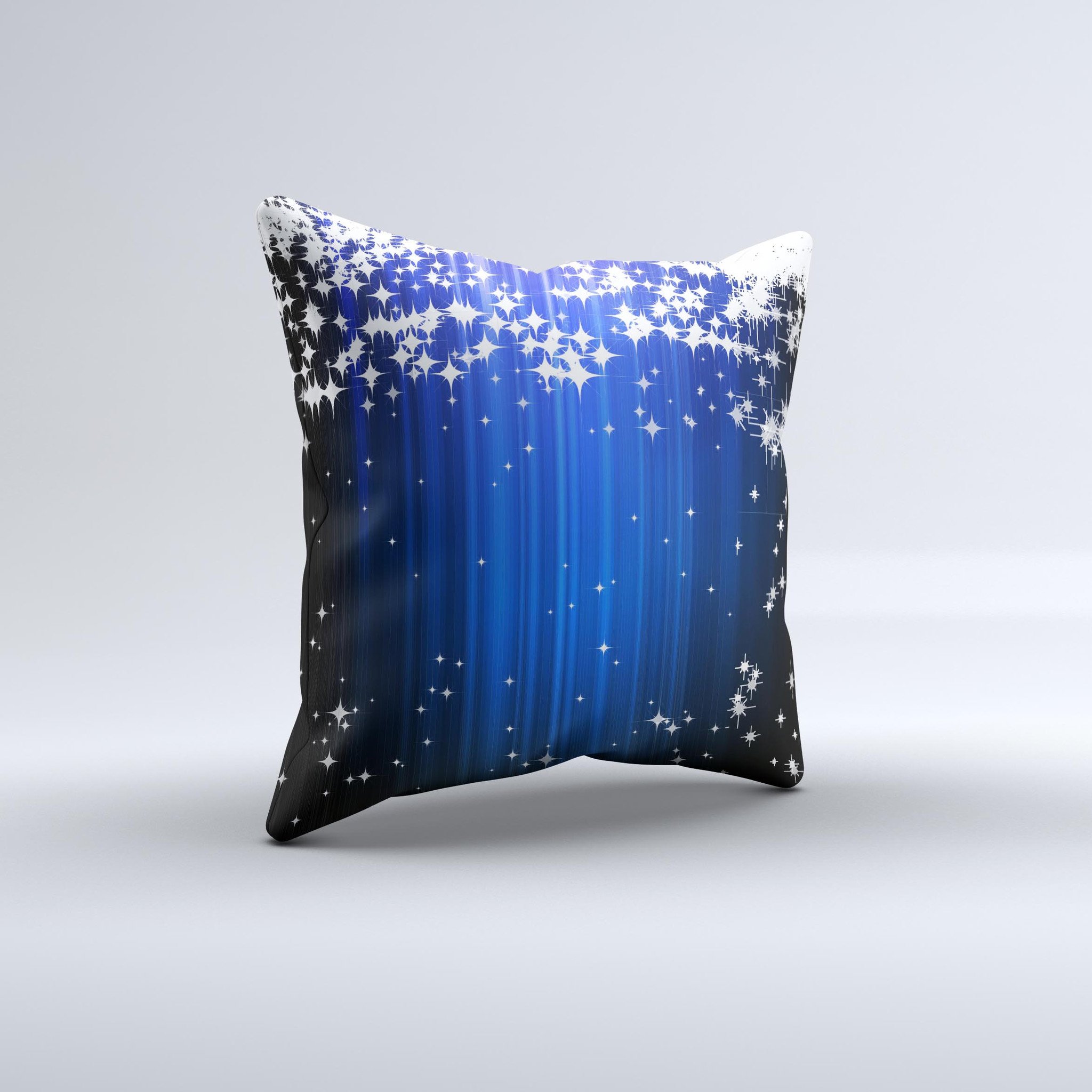 Blue and white decorative throw pillow with shimmer strips, handcrafted in Virginia, showcasing unique ink-fuzed design.