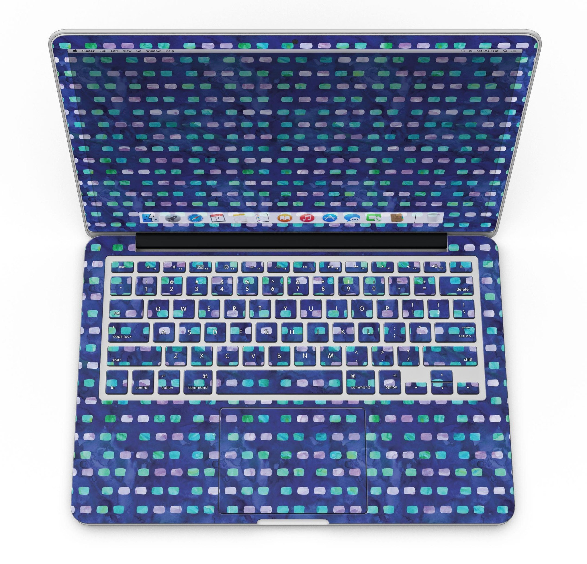 Stylish Blue with Purple and Aqua Strokes Pattern skin for MacBook Pro with Retina Display, showcasing vibrant colors and sleek design.