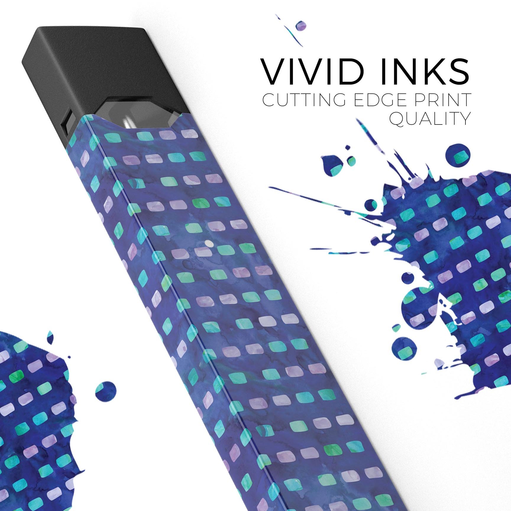 Blue decal with purple and aqua strokes designed for JUUL vaping device, showcasing vibrant colors and a sleek finish.