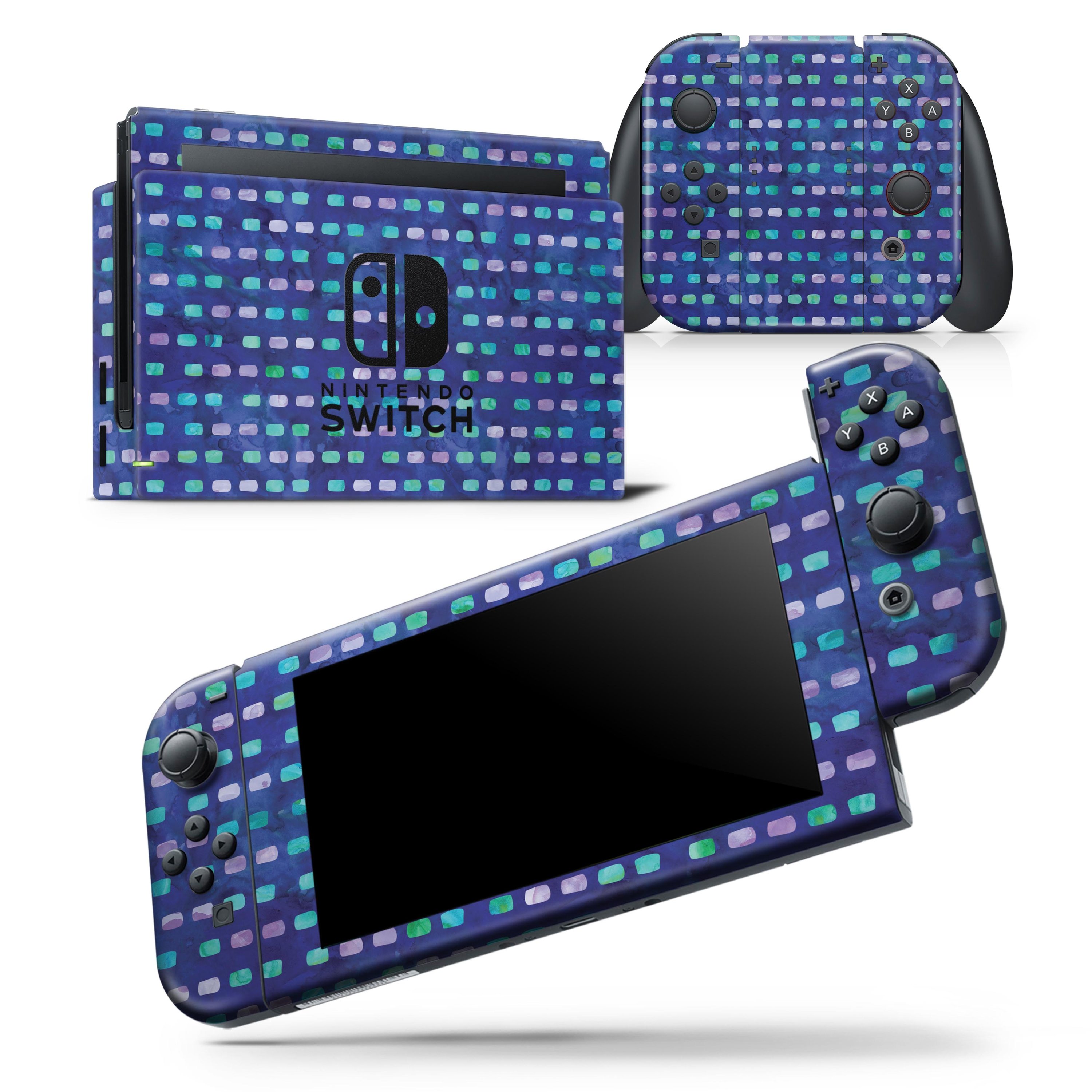 Blue with Purple and Aqua Strokes Pattern Skin Wrap Decal for Nintendo Switch, showcasing vibrant colors and a sleek design.