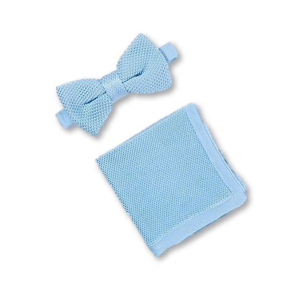 Bluebell blue knitted bow tie and matching pocket square set displayed elegantly, showcasing their vibrant color and texture.
