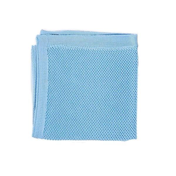 Bluebell blue knitted pocket square displayed elegantly, showcasing its vibrant color and soft texture.